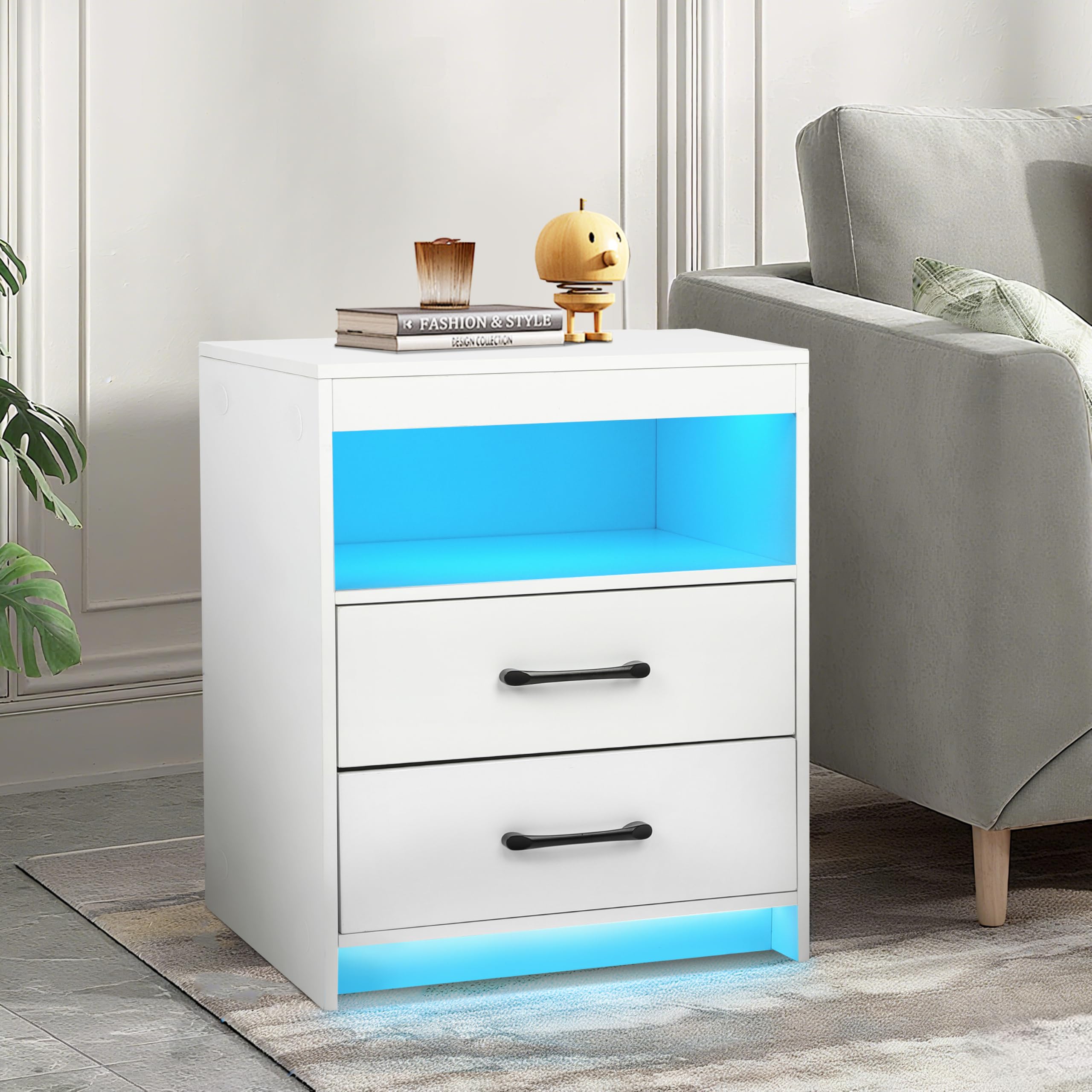 Nightstand with Charging Station and LED Lights