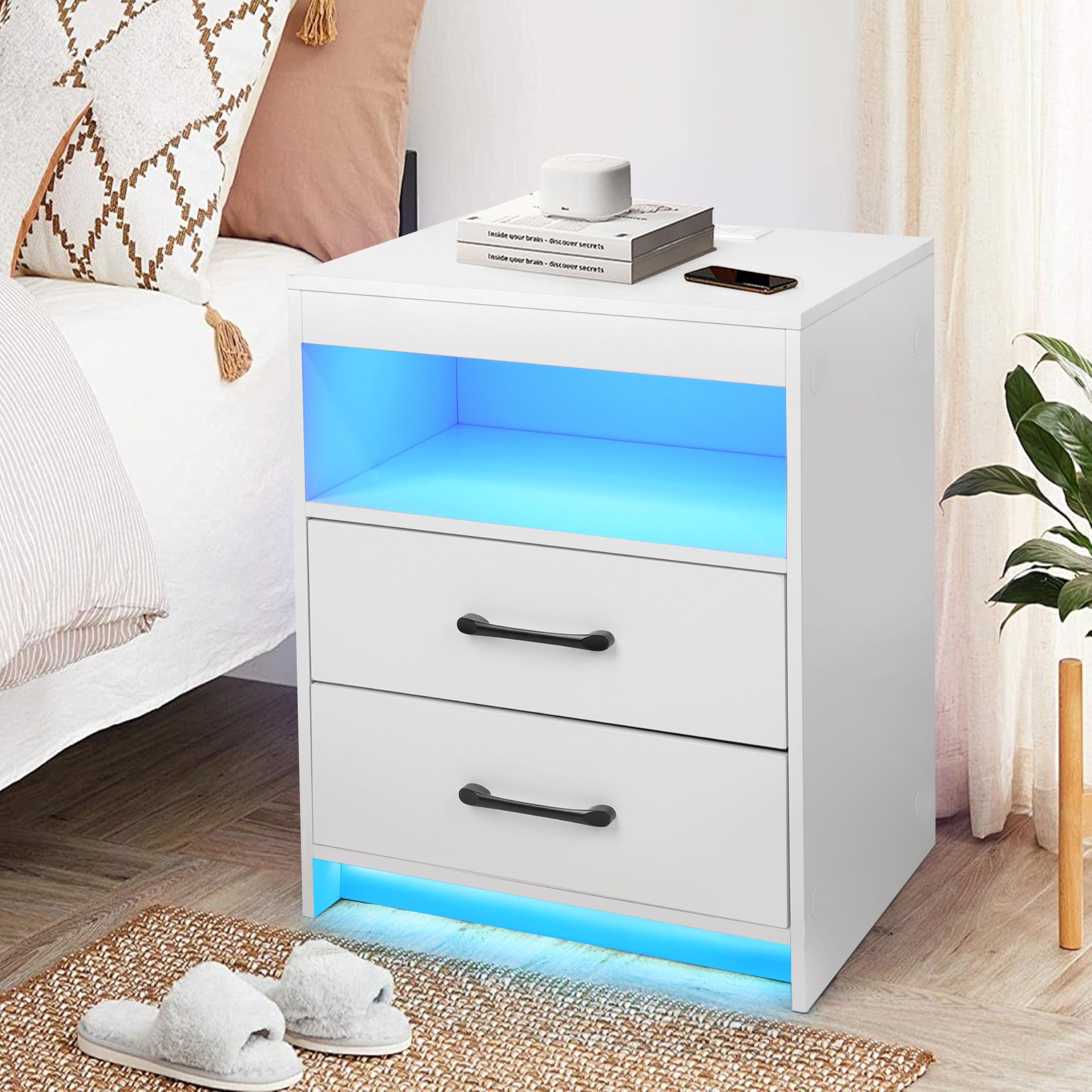 Nightstand with Charging Station and LED Lights