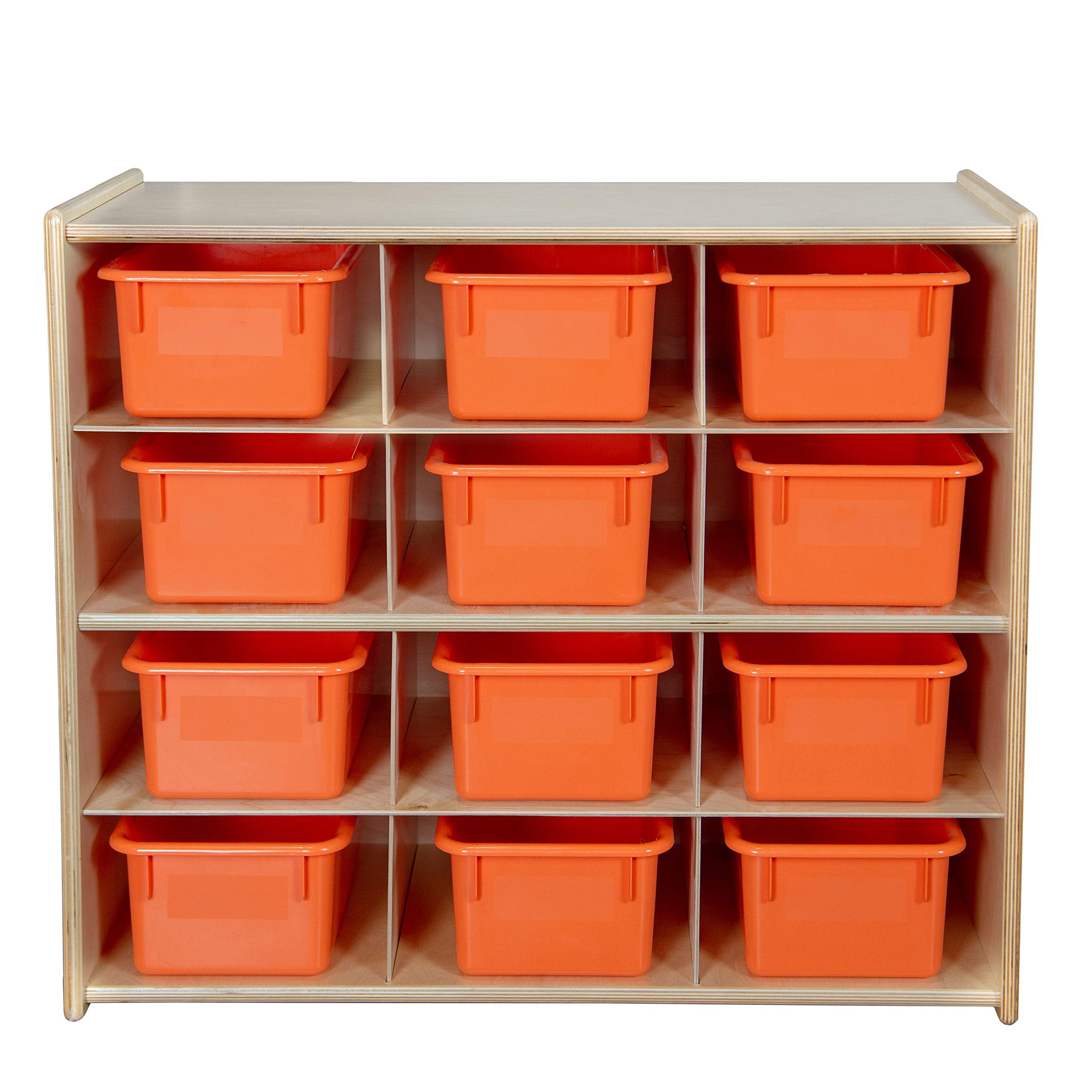 Contender 12 Compartment Kids Cube Locker Shelf with Orange Bins, Hardwood Montessori Shelves Organizers for Daycare, Nursery, Offices, Backpack Shelving Unit