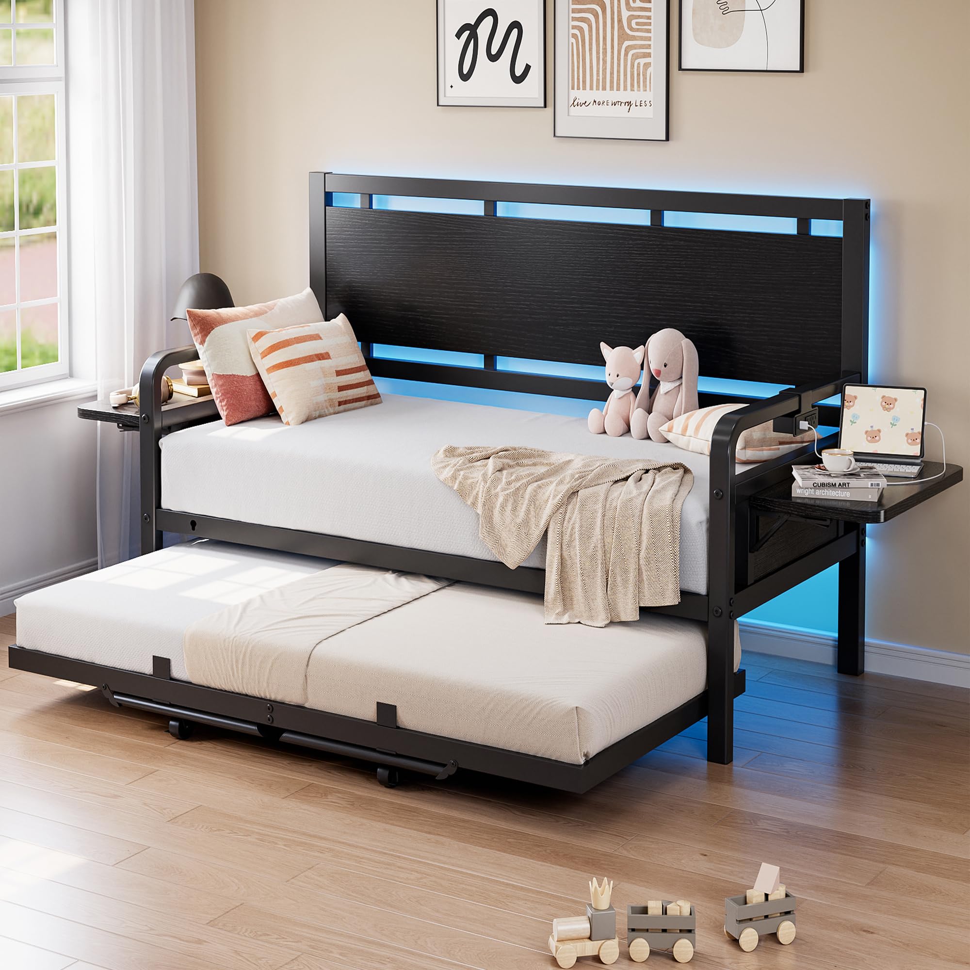 Twin Daybed with Pop-Up Trundle and LED Lights