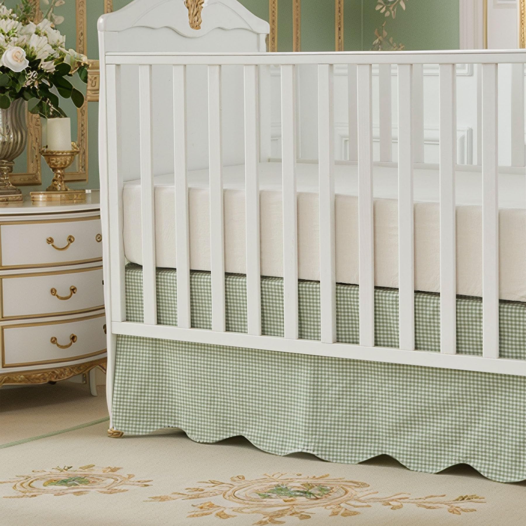 Brandream Scallop Edge Cotton Crib Skirt, Baby Boy, Baby Girl, Gender Neutral Crib Skirt Toddler Bedskirt Farmhouse Chic Nursery Crib Bed Skirt, Boho Bohemian Solid Green Gingham