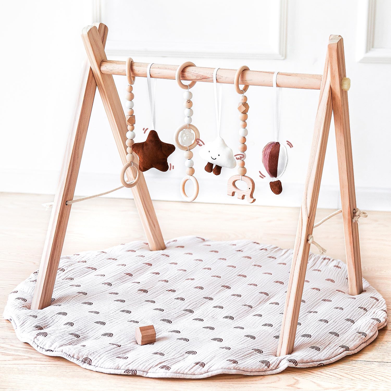 Wooden Baby Play Gym with Mat, Foldable Baby Play Gym Frame Activity Gym Hanging