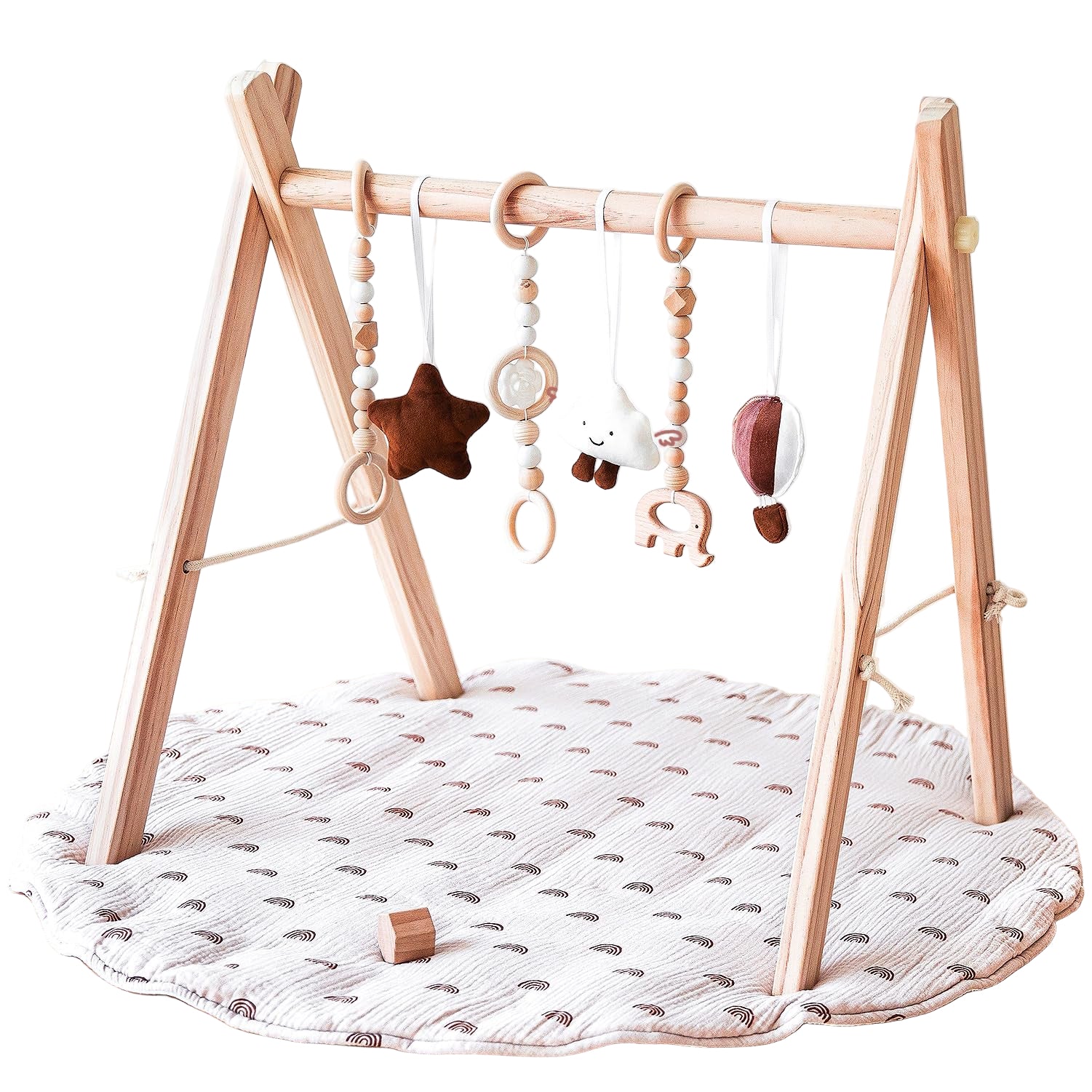 Wooden Baby Play Gym with Mat, Foldable Baby Play Gym Frame Activity Gym