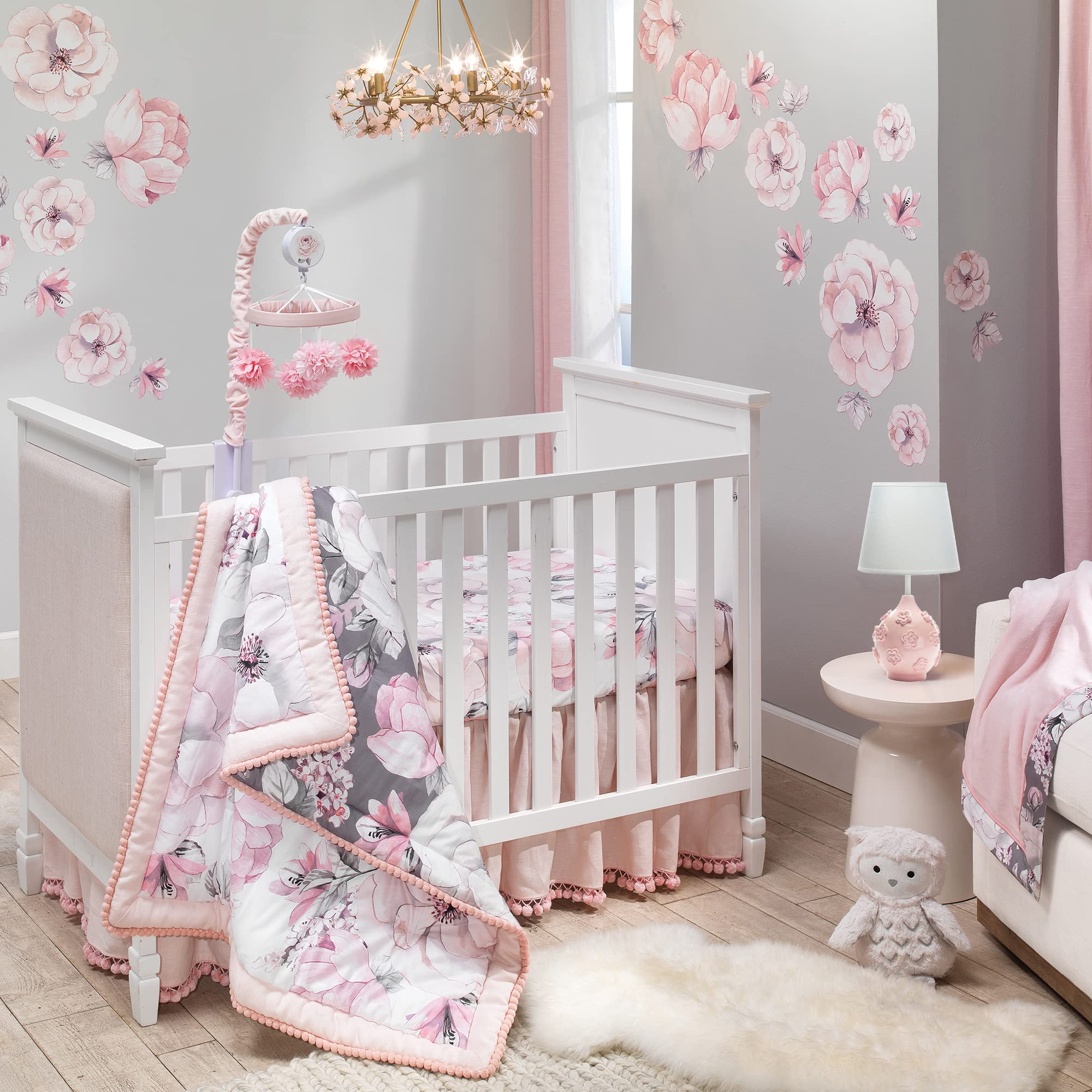 4-Piece Watercolor Floral Crib Bedding Set - Pink & Gray