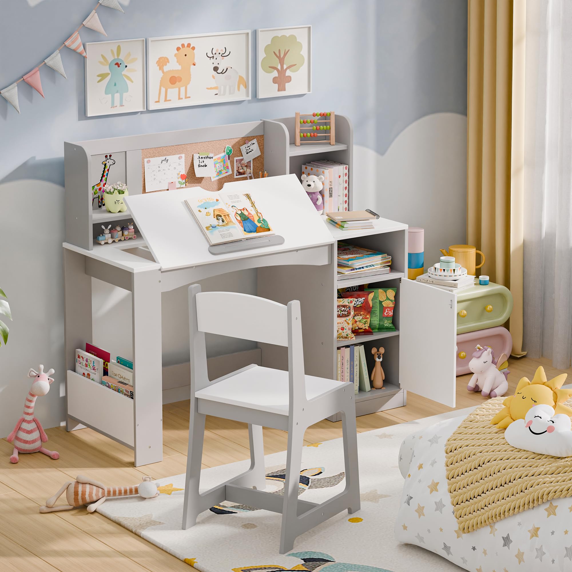 Kids Study Desk with Chair Tiltable Desktop Storage Cabinet