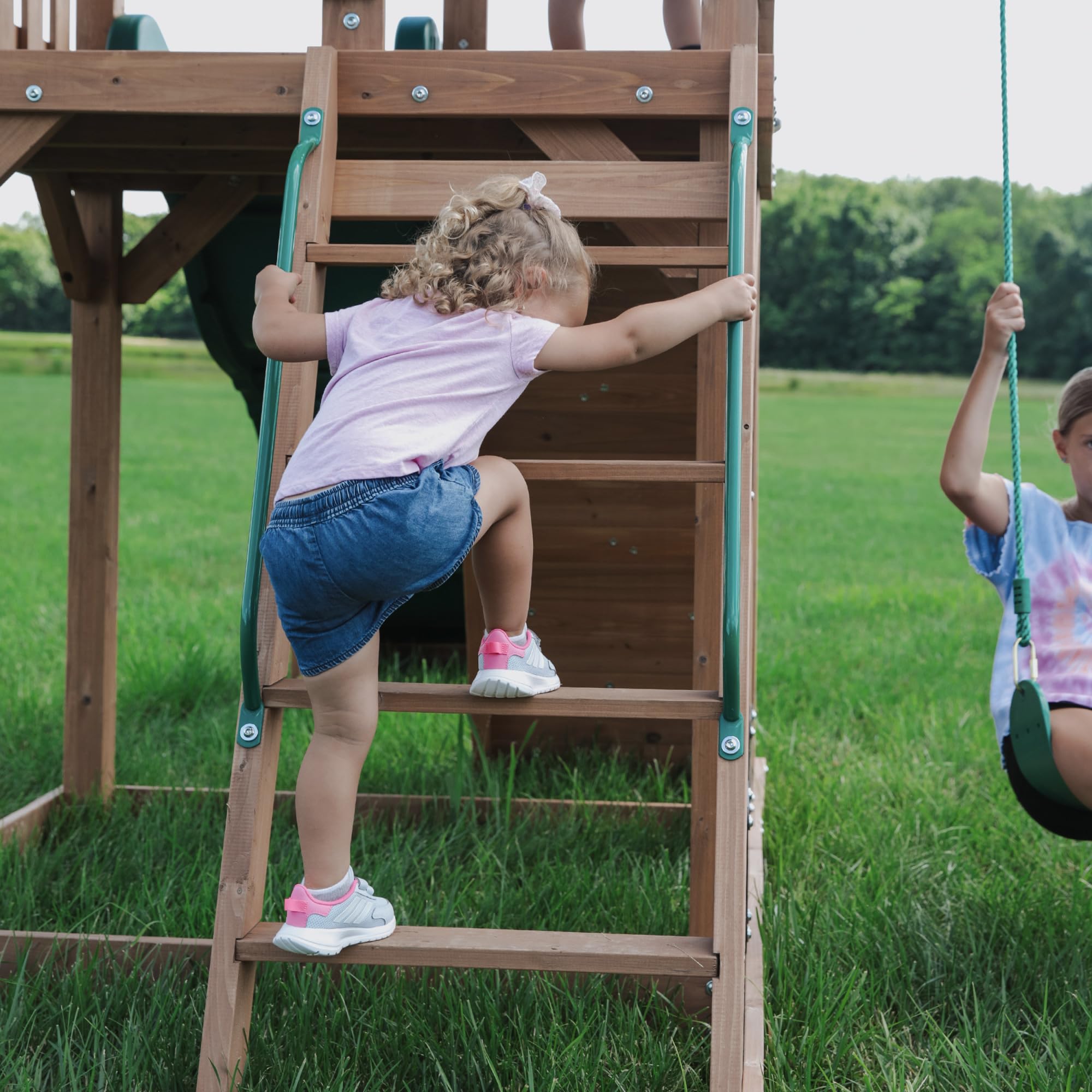 Cedar Wood Swing Set with Wave Slide Rock Wall Sandbox