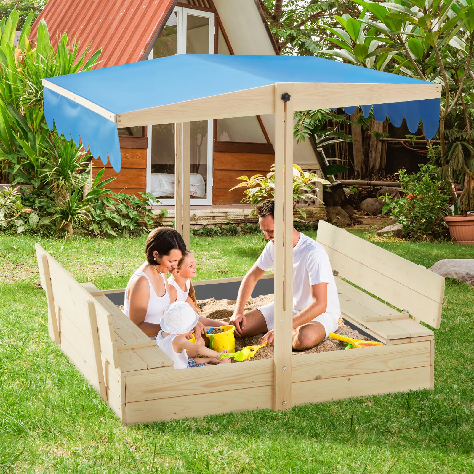 Sandbox with Lid,Kids Sandbox with Cover Outdoor,Wooden Sand Box
