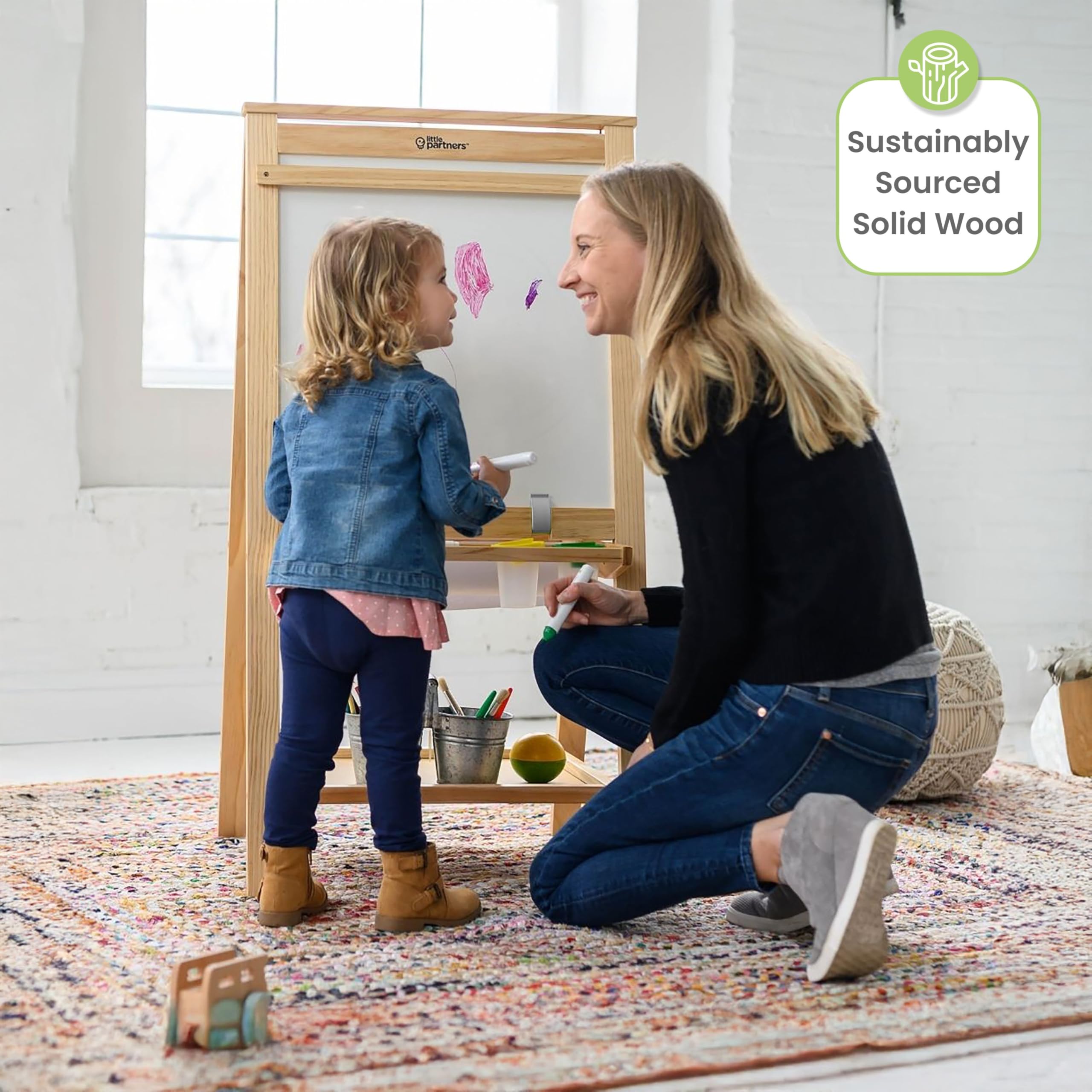 Little Partners Folding EZ Painting Easel for Kids, Dual-Sided Art Easel for Kids Art Station, Folds Flat with Chalkboard, Dry Erase Whiteboard, Paper, Eraser, Paint Cups, Shelf (Natural)