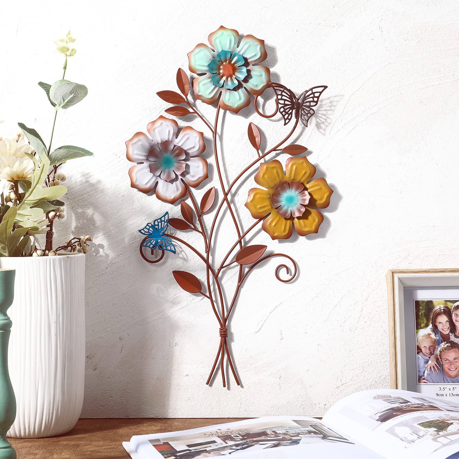 Tricolor Flower Metal Wall Art Decor Set