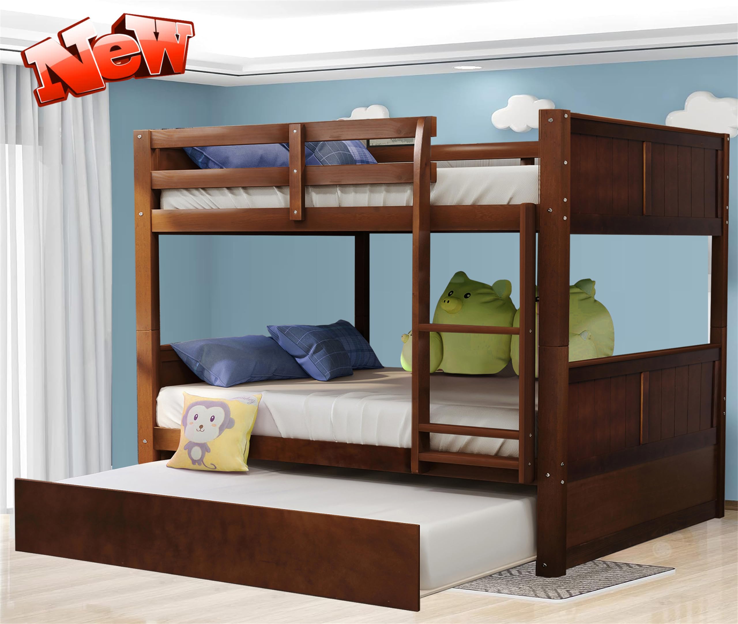 STERXONE Best Thicken Solid Wood Full Over Full Bunk Bed with Trundle