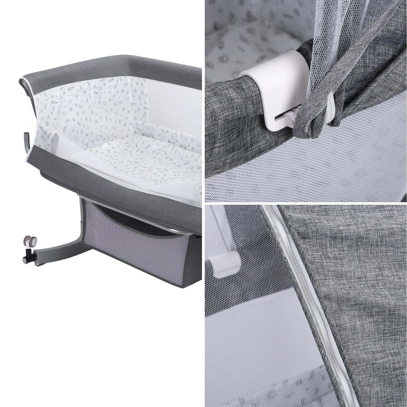Height Adjustable Bedside Bassinet with Mosquito Net