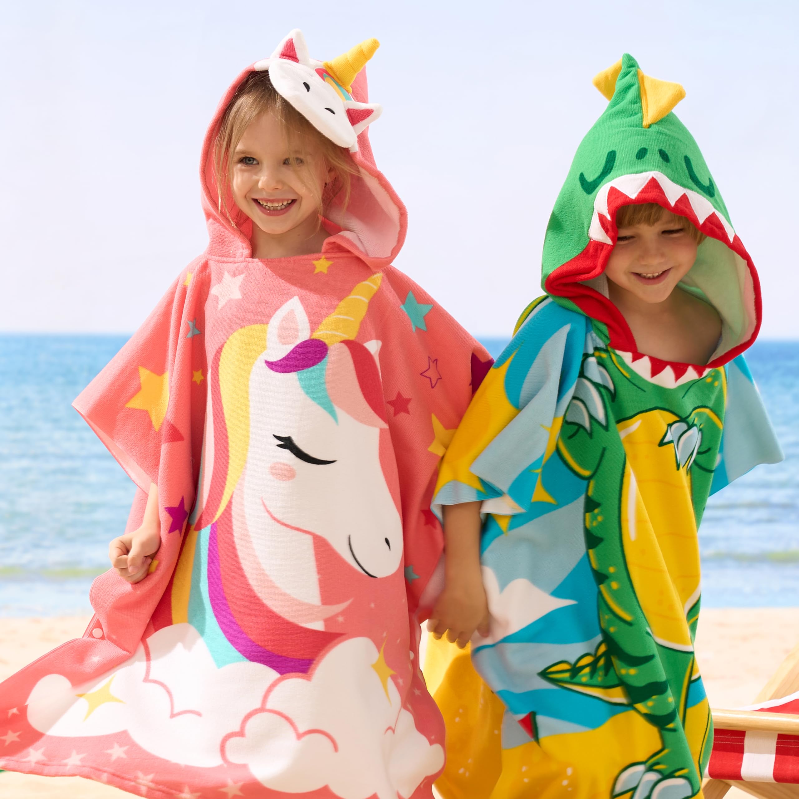 Kids Hooded Beach Towel Poncho with Snap Buttons