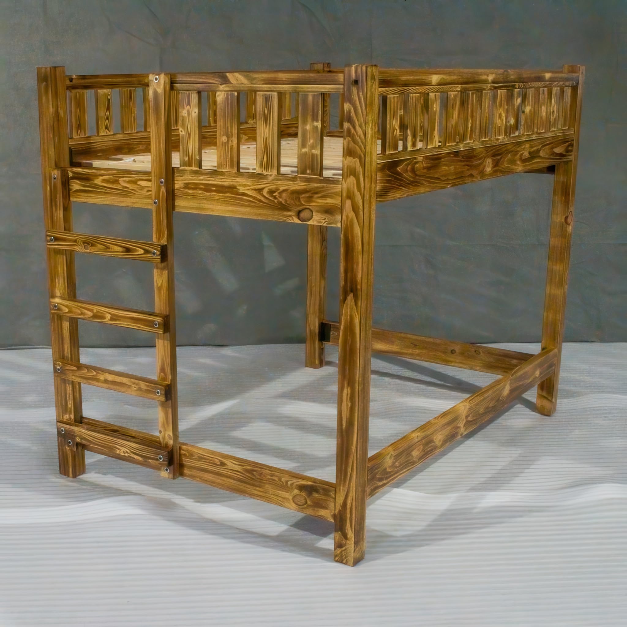 Farmhouse Wood Loft Bed Frame, Full Size - Torched Pine, Rustic