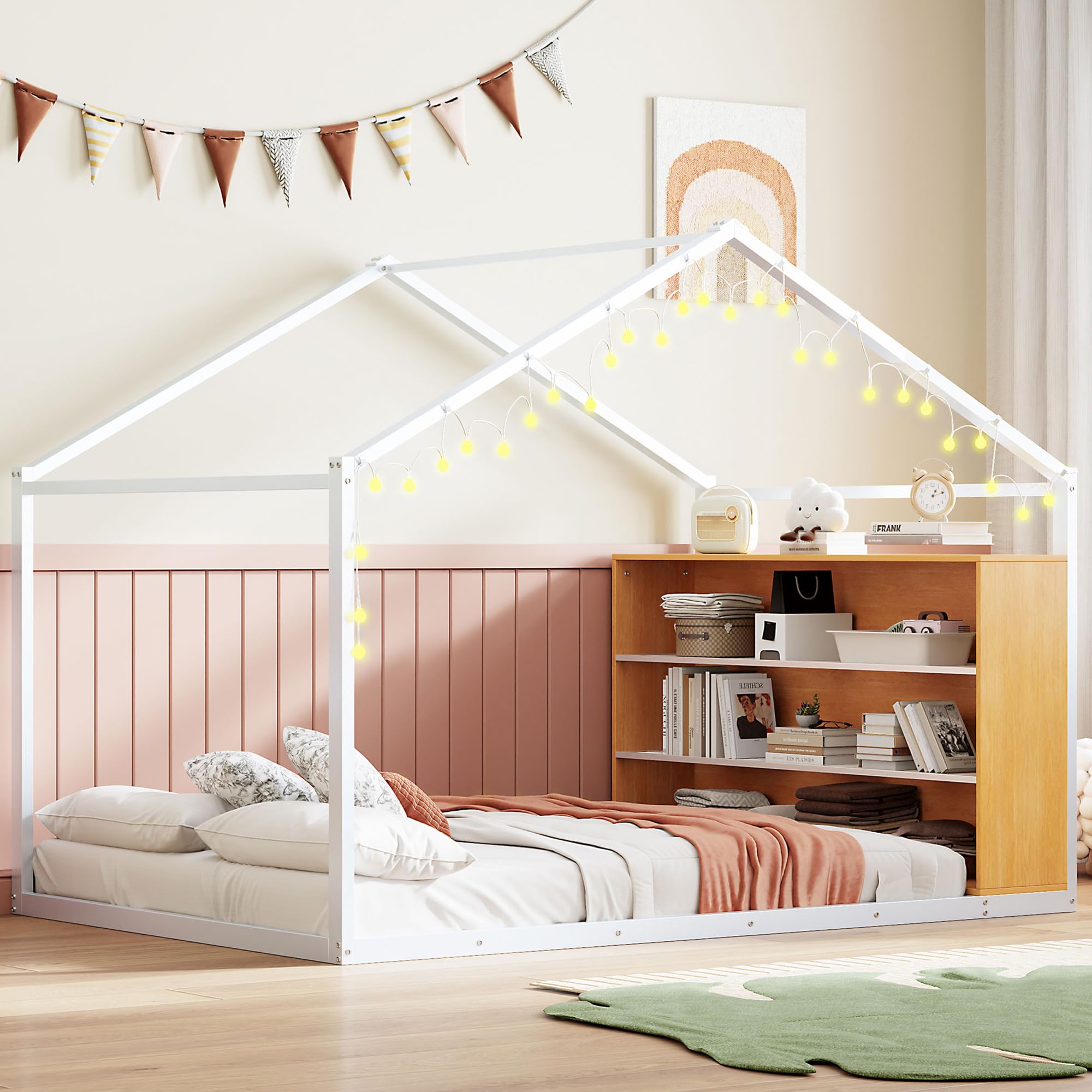 Montessori Floor Bed with Storage Shelf, LED Lights