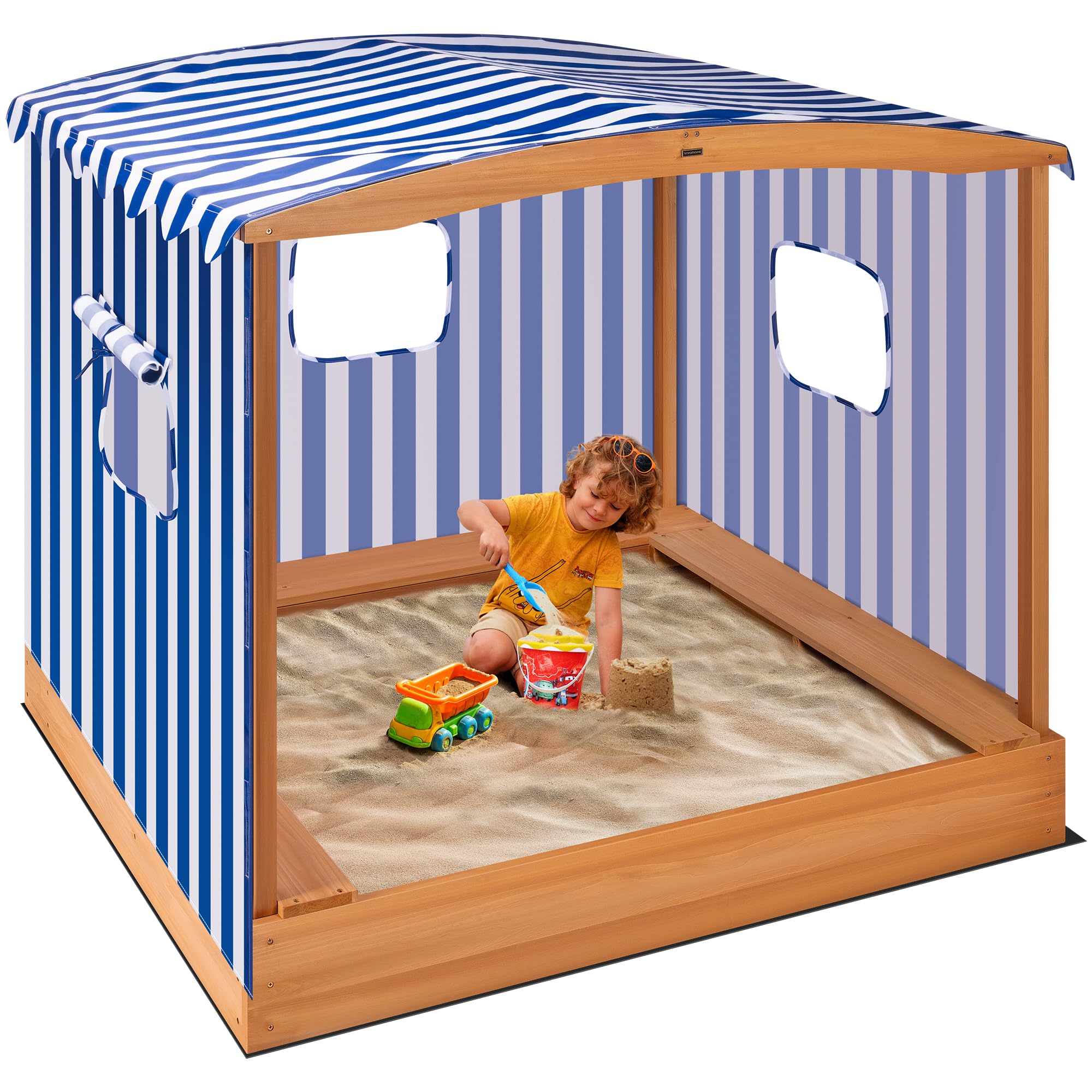 Fir Wood Sandbox with UV-Blocking Canopy and Benches