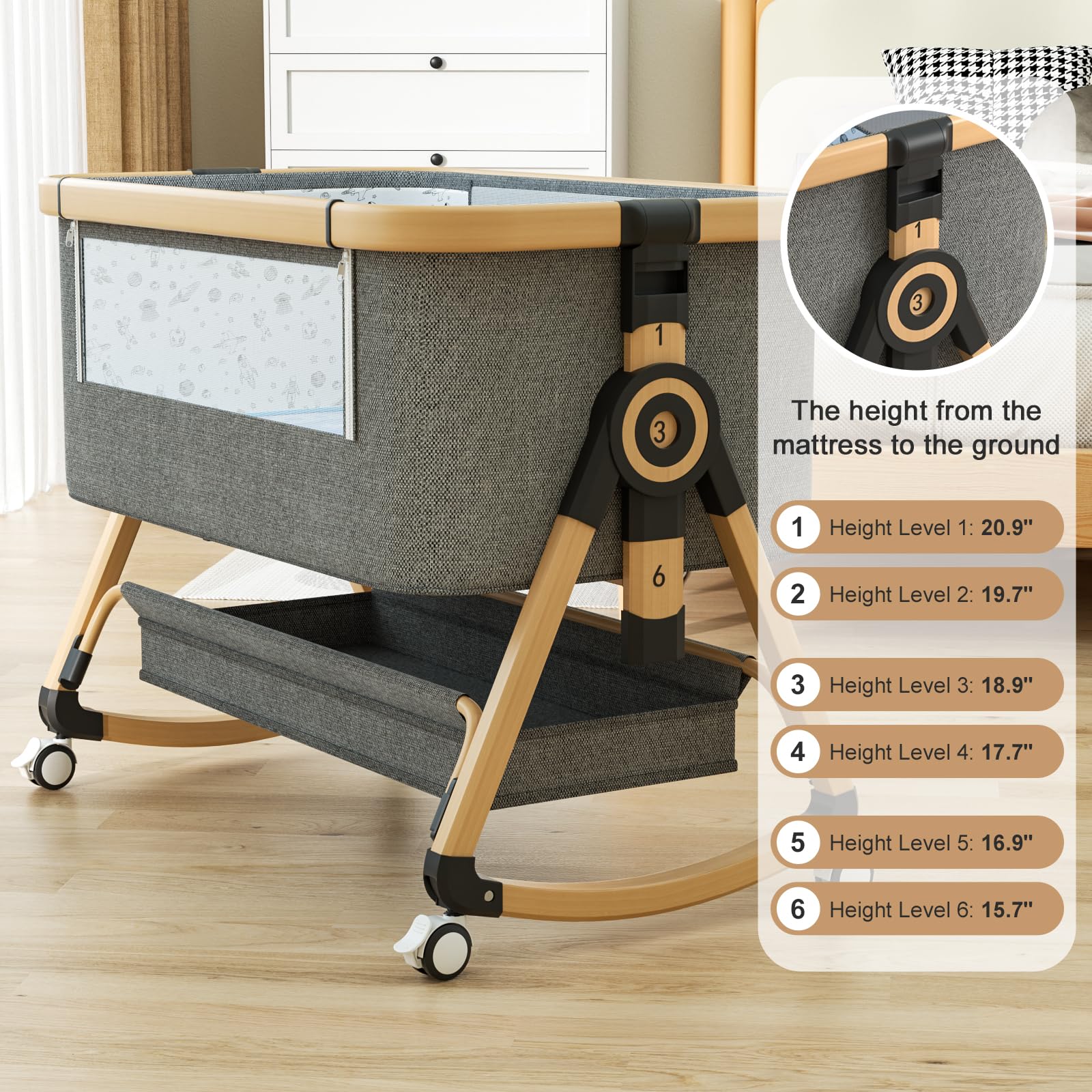 3-in-1 Baby Bassinet Bedside Sleeper with Adjustable Height