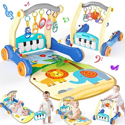 2 in 1 Baby Gym Play Mat with Walker, Kick and Play Piano Gym Activity for Boys Girls