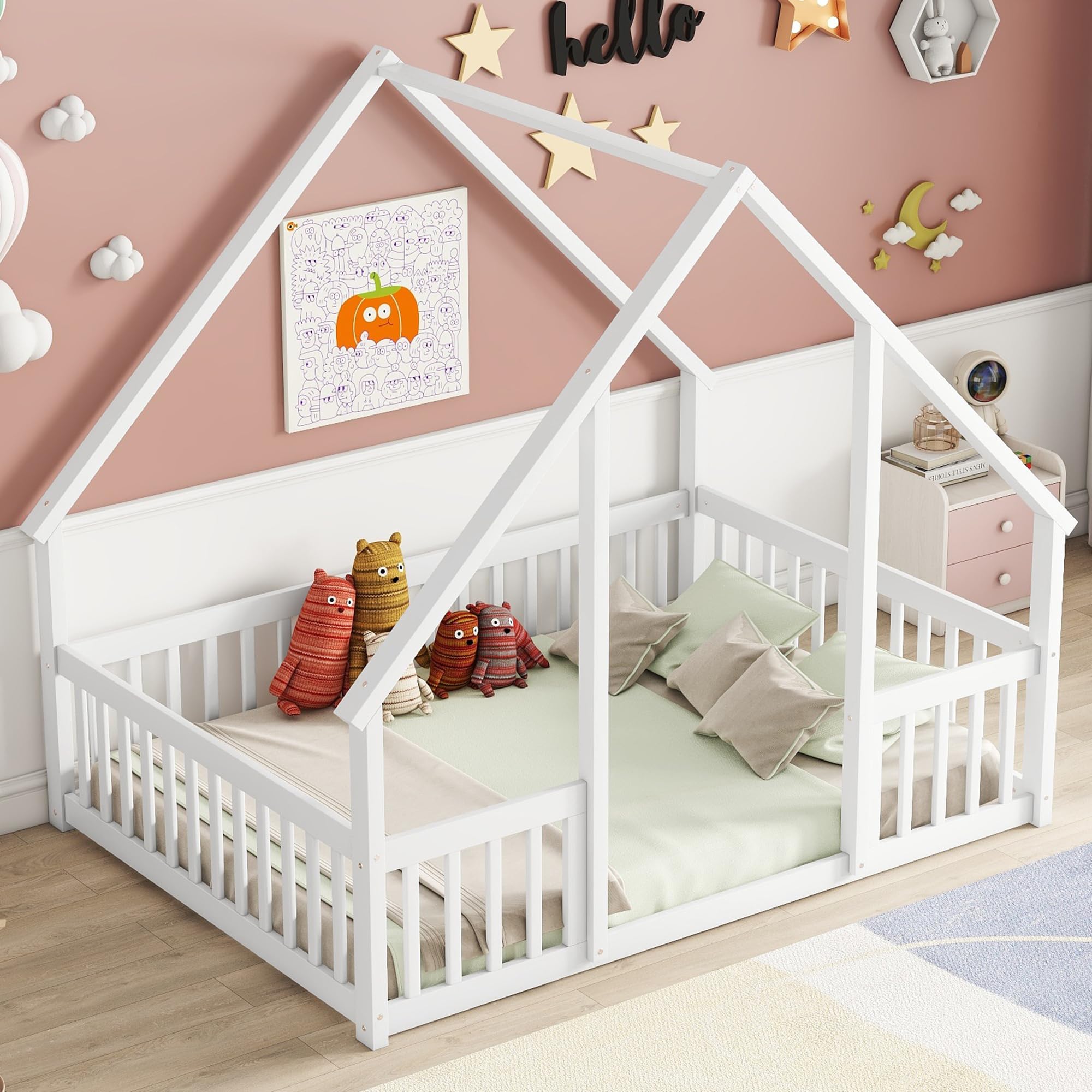 Full Size Montessori Floor Bed with Fence