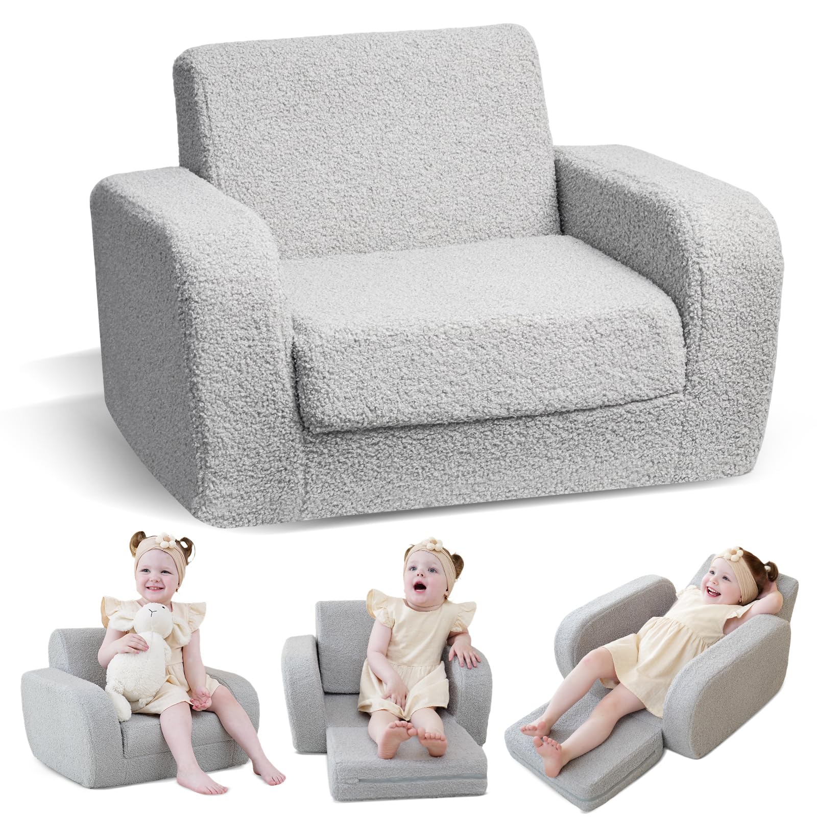 3-in-1 Toddler Couch, Toddler Chairs Comfy 1-3 Years Old, Kids Couch Bed Fold Out