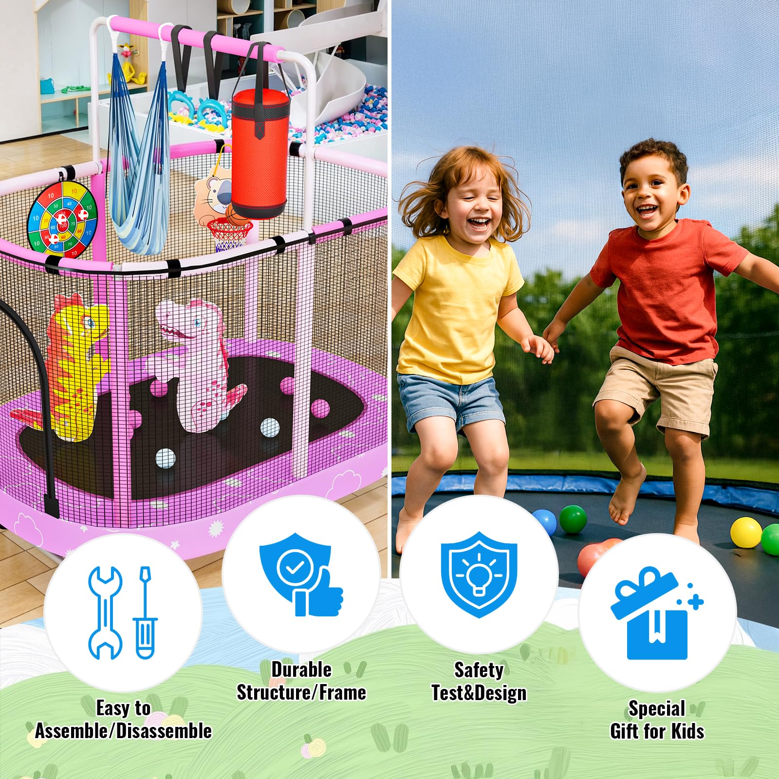 Kids Trampoline with Safety Net and Adjustable Height