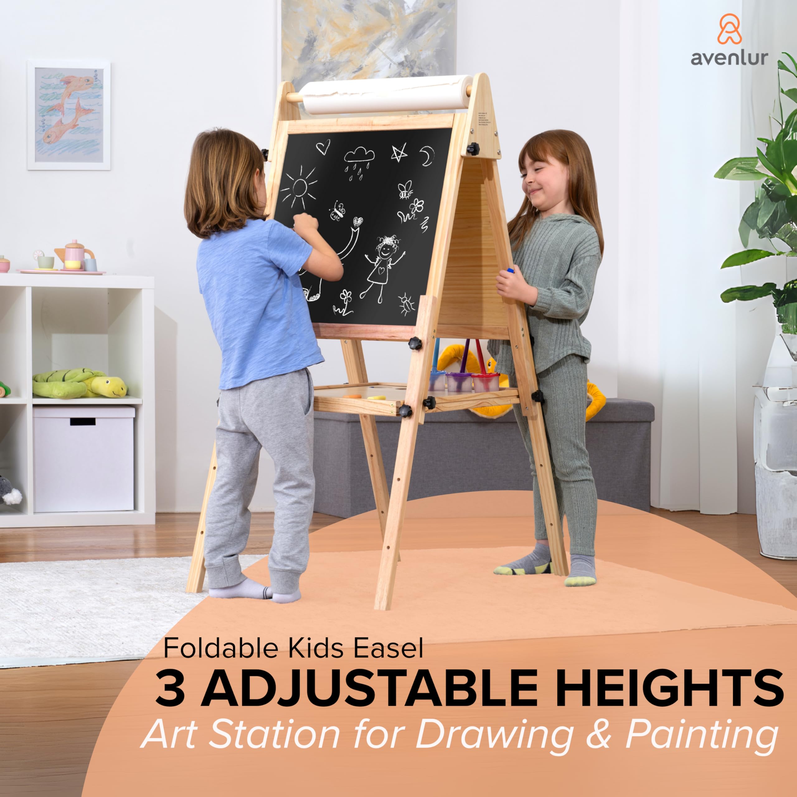 Avenlur Adjustable Height Easel for Kids and Adults - Multifunctional Art Station with Chalkboard, Ideal for Painting, Drawing, and Display - Foldable Wooden Stand with Storage Tray