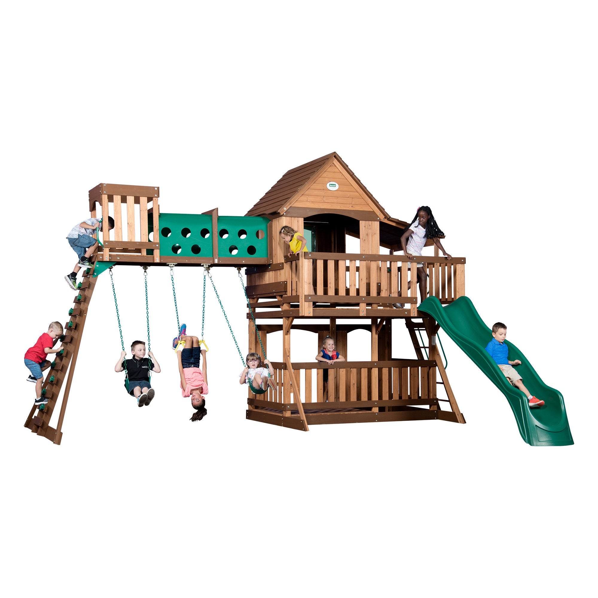 Cedar Wood Swing Set with Clubhouse, Wave Slide, and Rock Wall - Outdoor Playset
