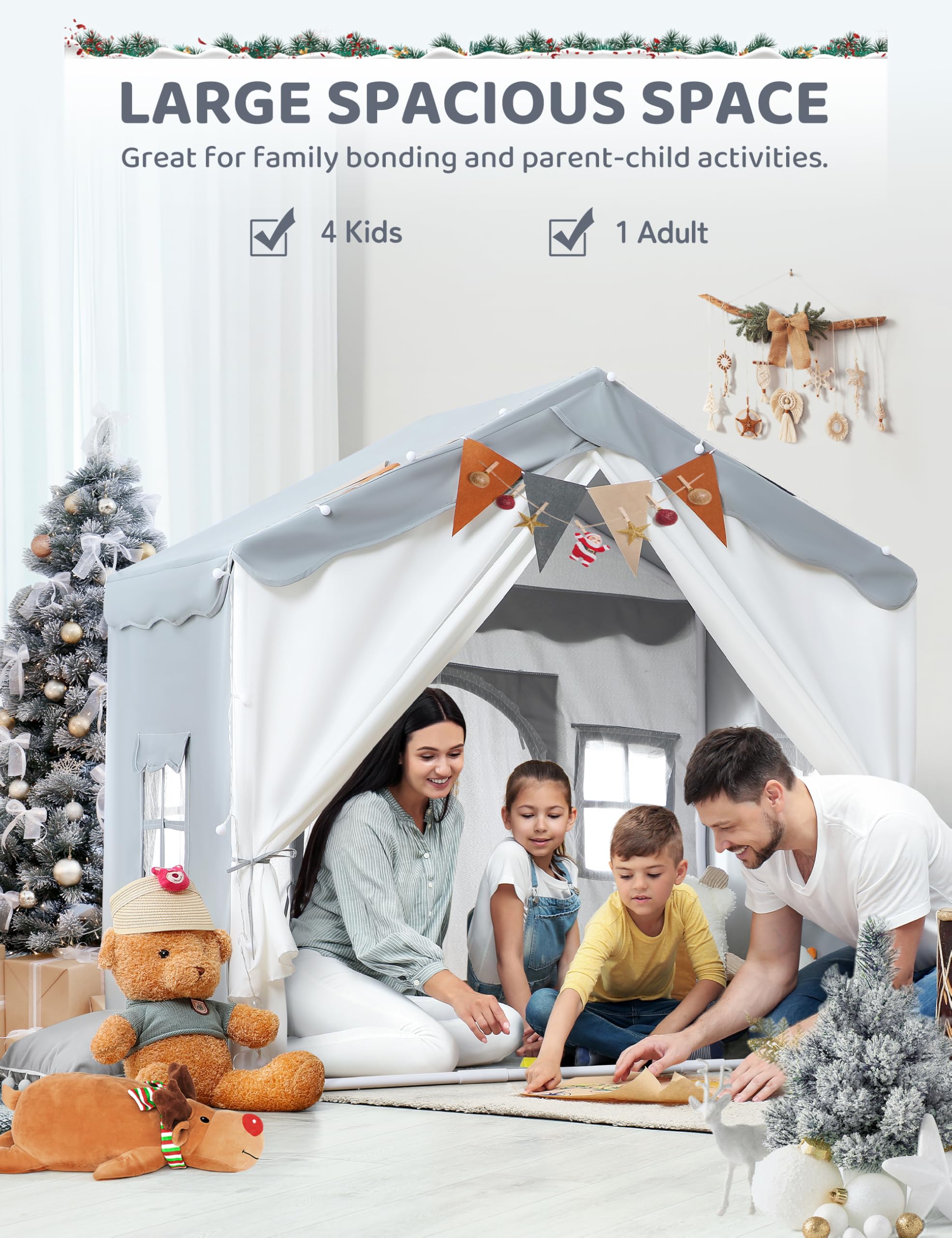 besrey Kids Tent, Kids Play Tent 2 in 1 with Padded Mat and Lights, Large Playhouse with 2 Doors & 4 Windows, Indoor & Outdoor, Halloween Toddler Playhouse, 51" x35" x 51" (Gray)