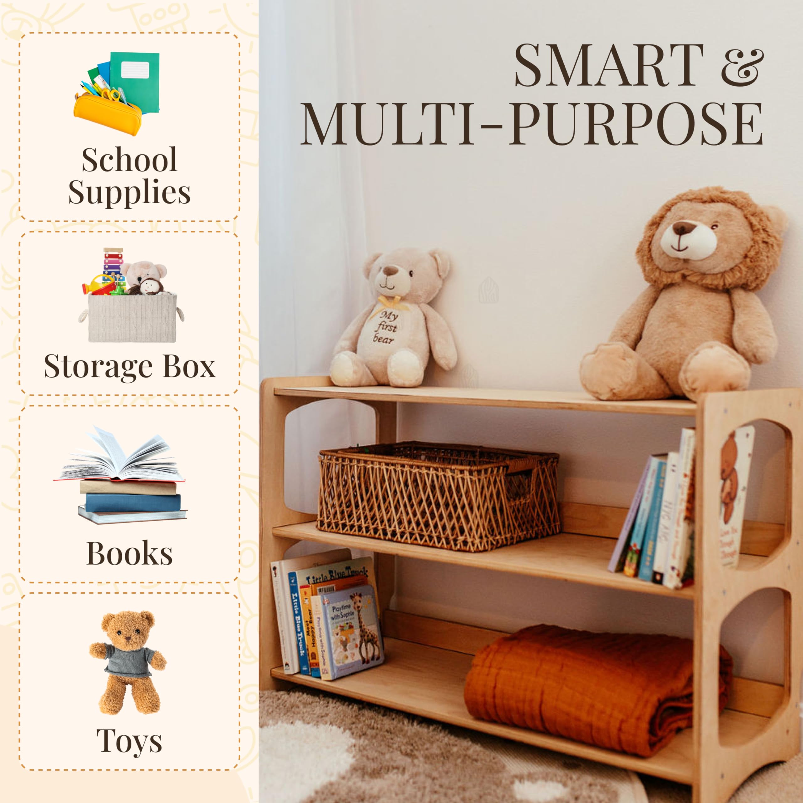 Montessori Bookshelf for Toddlers - Wooden Book and Toy Organizer
