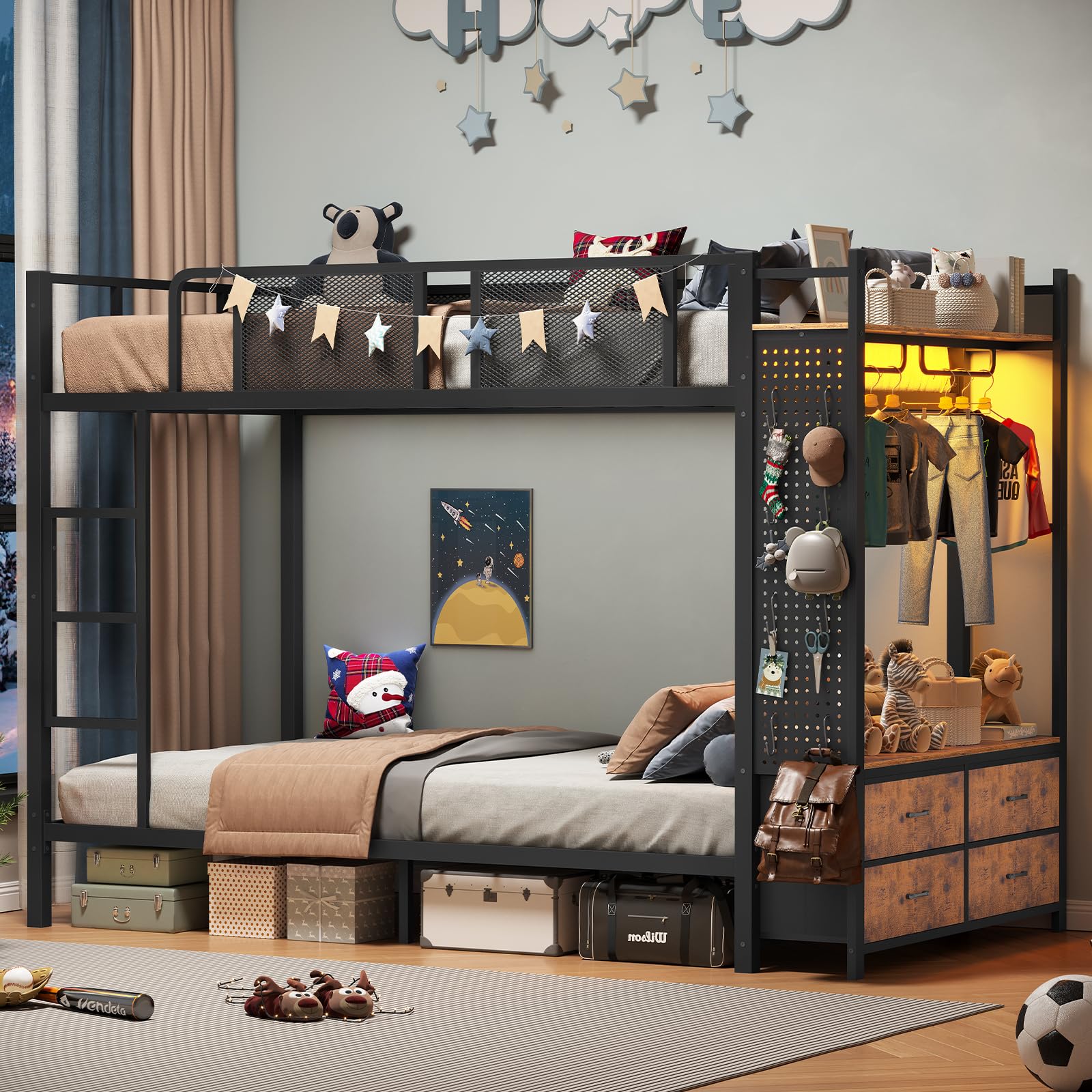 Metal Bunk Bed Twin Over Twin with Storage Drawers and LED Lights
