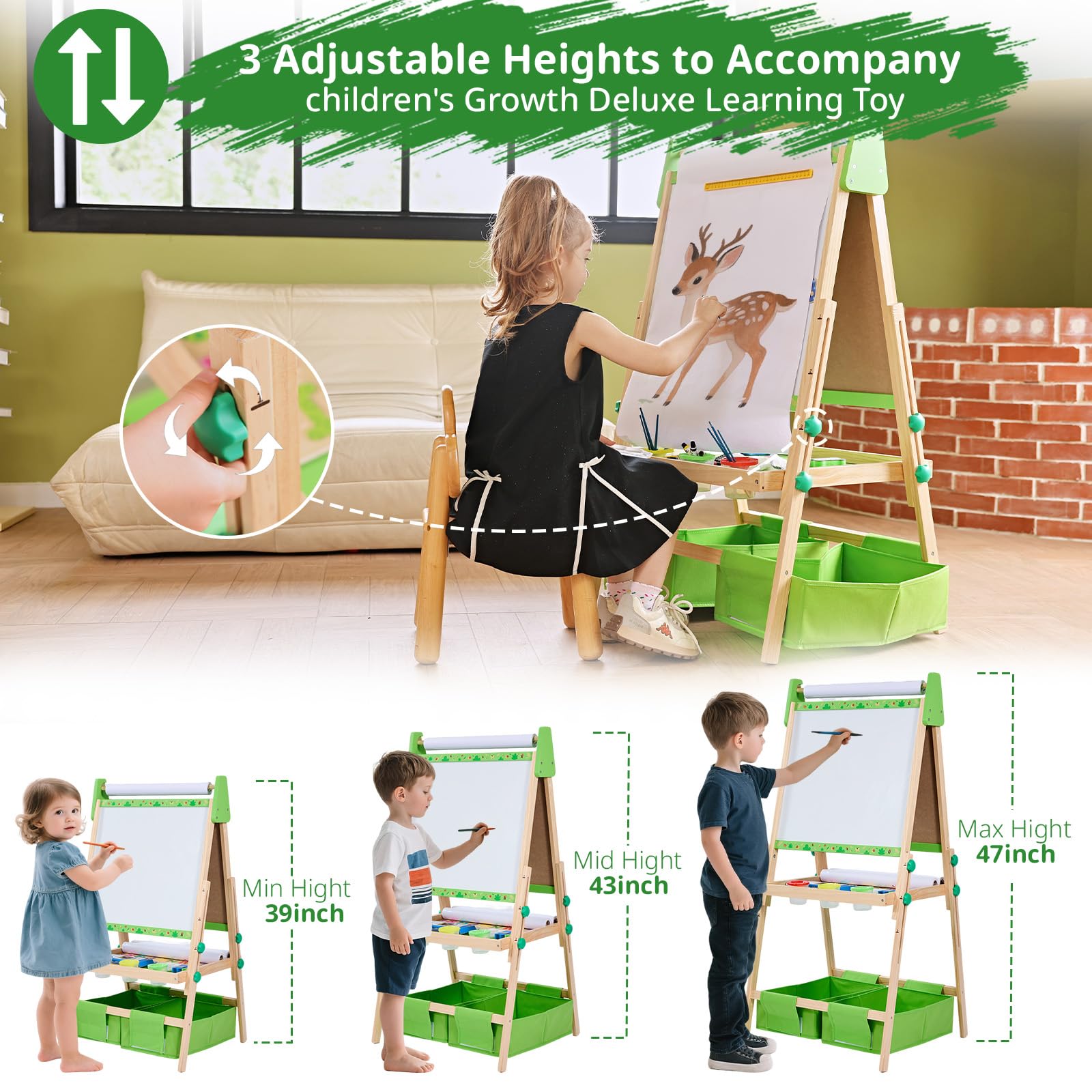 Art Easel for Kids Ages 2-4 4-8, Toddler Easel with 3 Paper Roll, Magnetic Whiteboard and Chalkboard, Adjustable Wooden Art Kids Easel for Toddlers 2,3,4,5,6,7,8,9,10 Years Old Boys & Girls, Green
