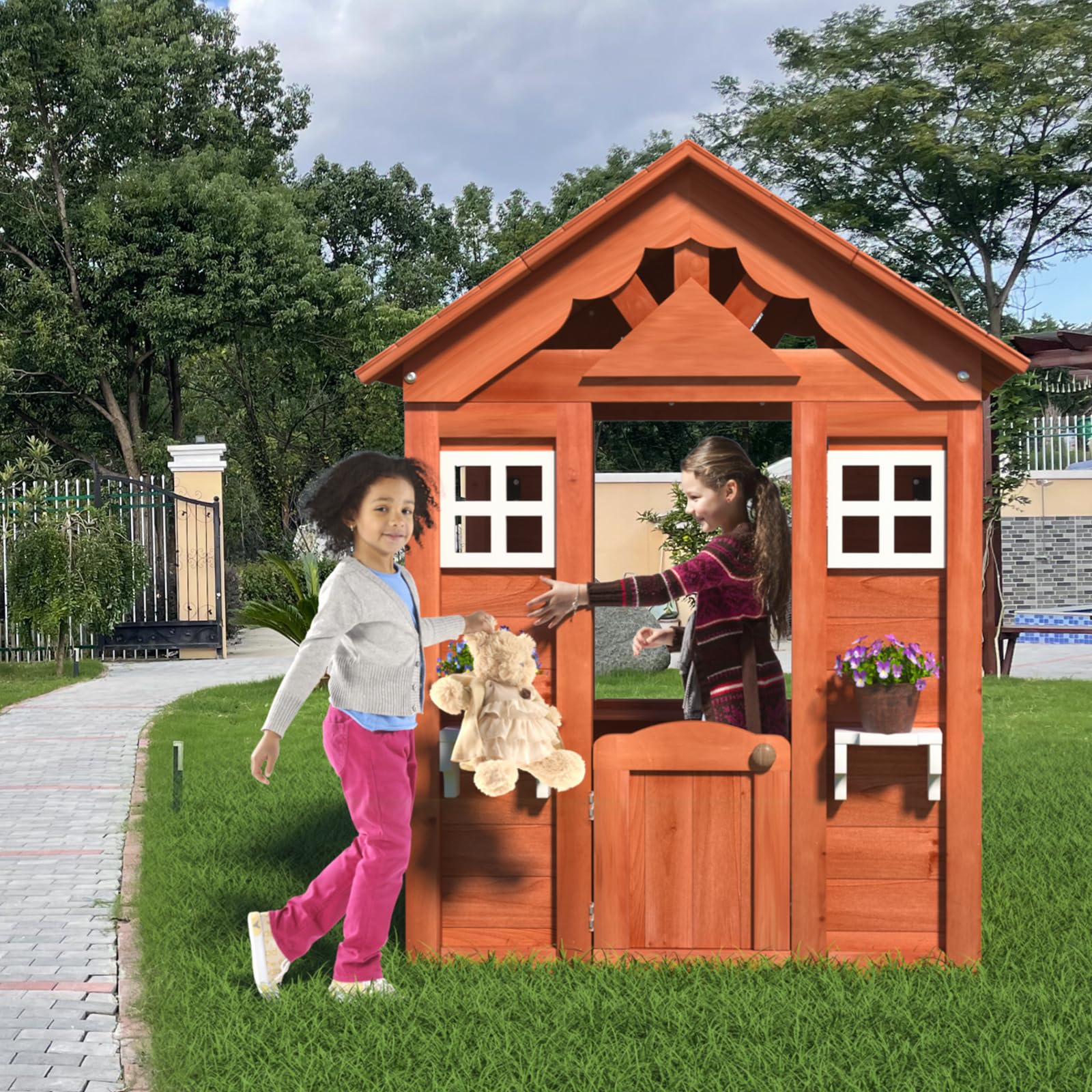 Kids Outdoor Playhouse with Door & 2 Windows - Wooden Backyard Play House