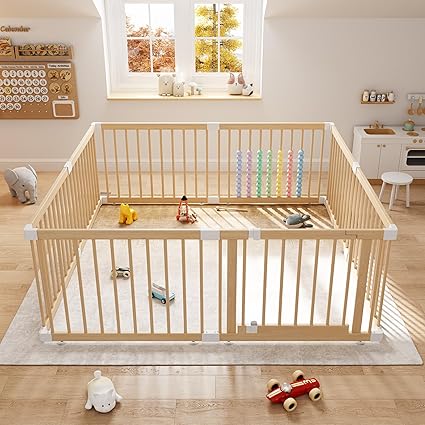 Large Wooden Baby Playpen - Size Adjustable Fence for Babies and Toddlers