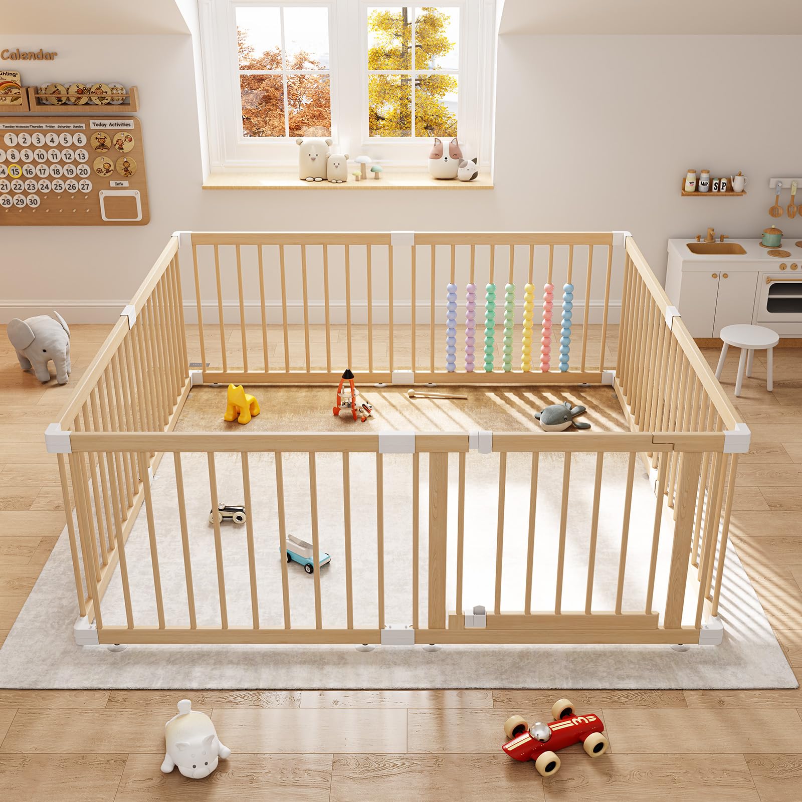 Large Wooden Baby Playpen - Size Adjustable Fence for Babies and Toddlers