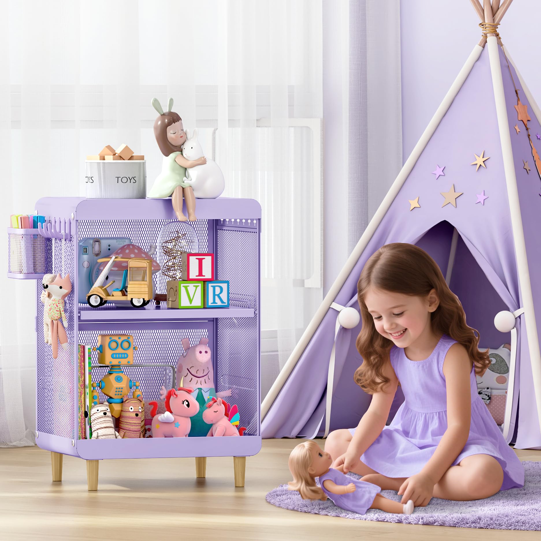 Purple Kids Nightstand with Storage Shelves