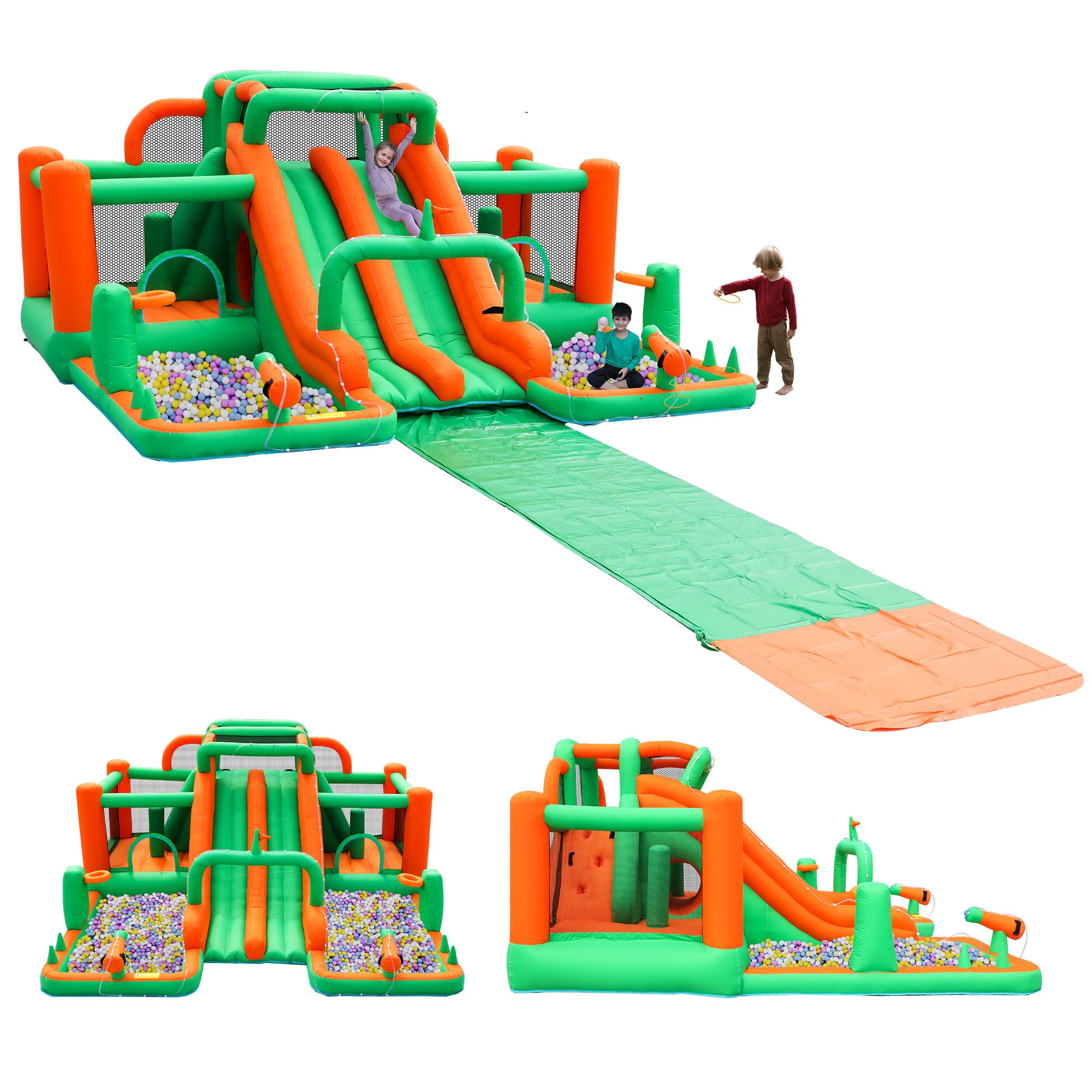 Large Inflatable Water Slide Bounce House with Dual Ball Pits and Extended Slip N Slide