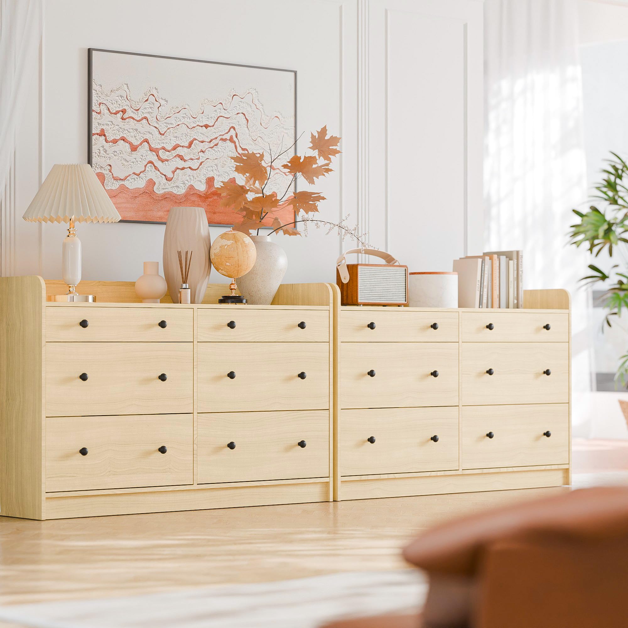 6 Drawer Wood Dresser Cabinet 52 Inch Long Modern Sideboard