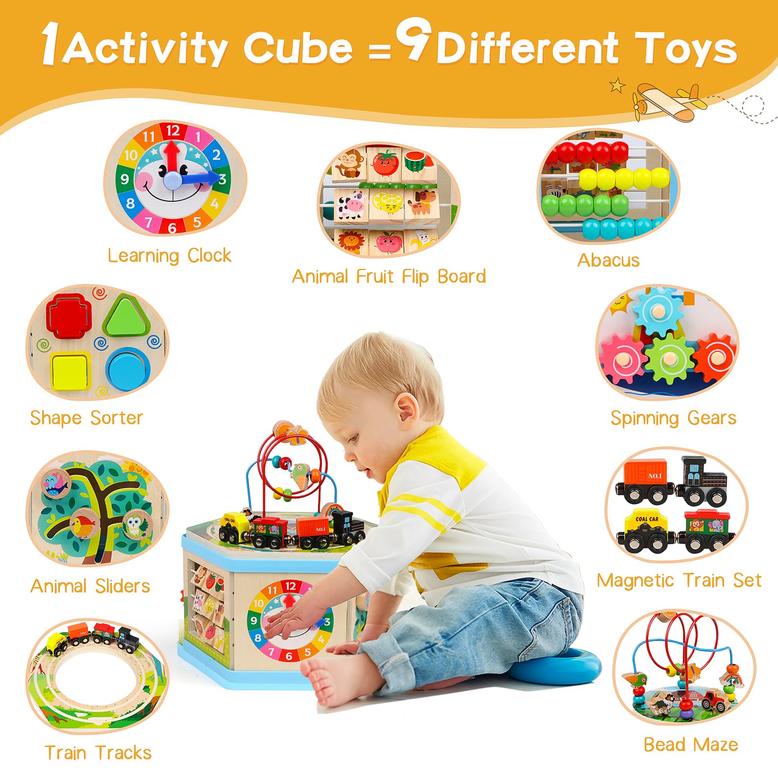 9-in-1 Wooden Activity Cube for Toddlers