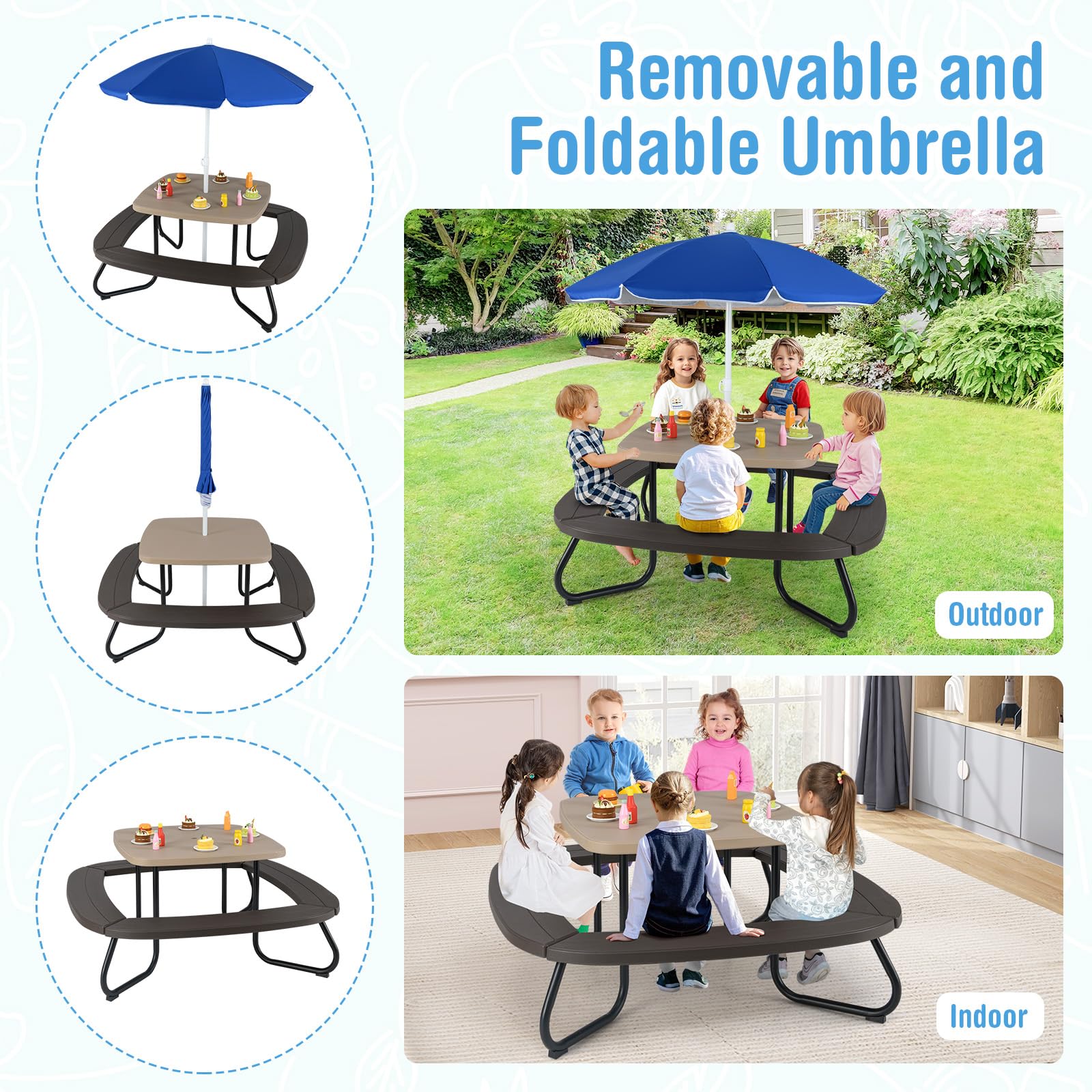 Kids Picnic Table with Umbrella - 8 Person Outdoor Set