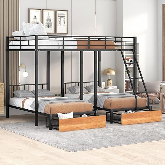 Detachable Full Over Twin & Twin Bunk Bed with Storage and Ladder,Metal Triple Bunk Bed