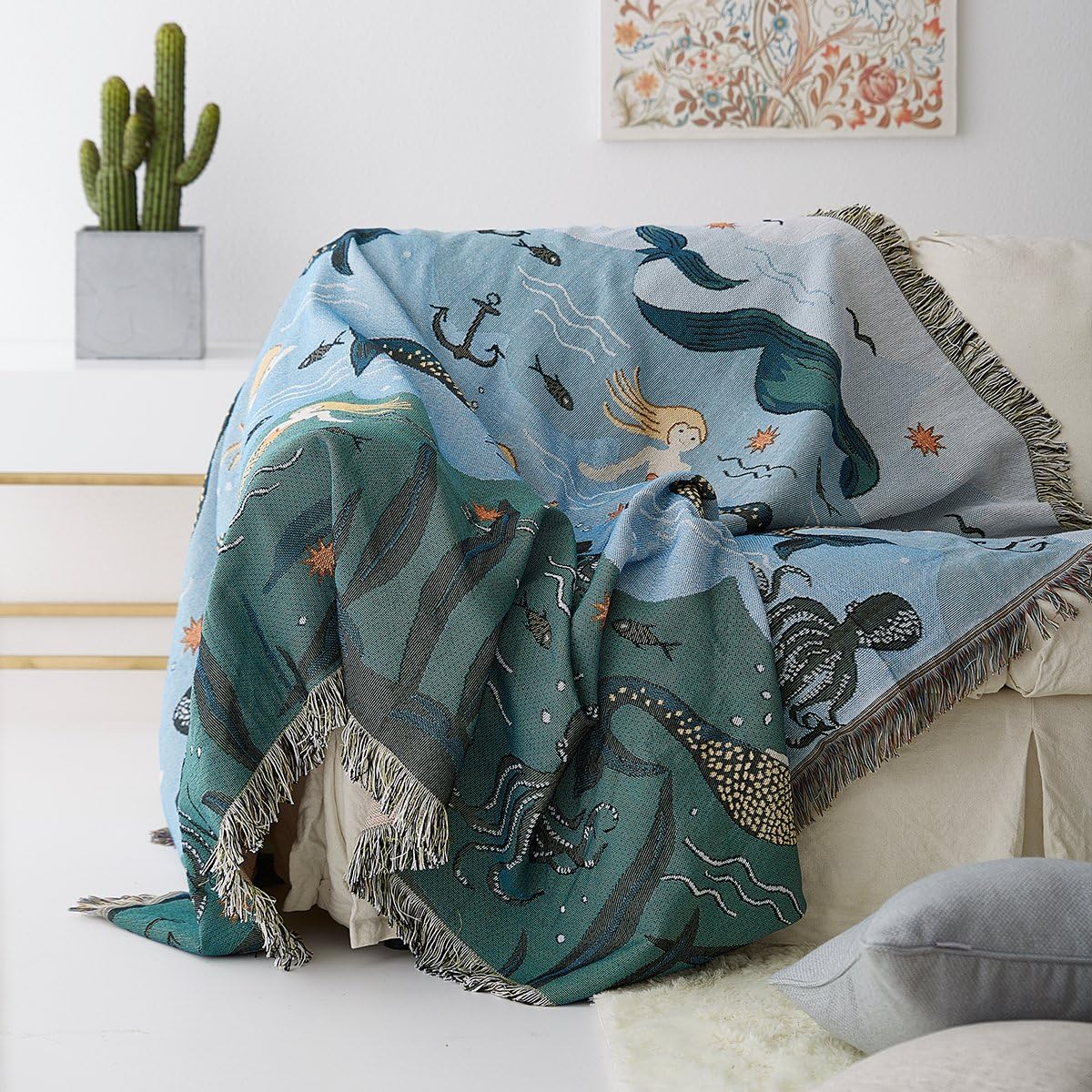 Mermaid Throw Blanket with Tassels for Couch Sofa Chair Cover Cotton Blended Green Blue
