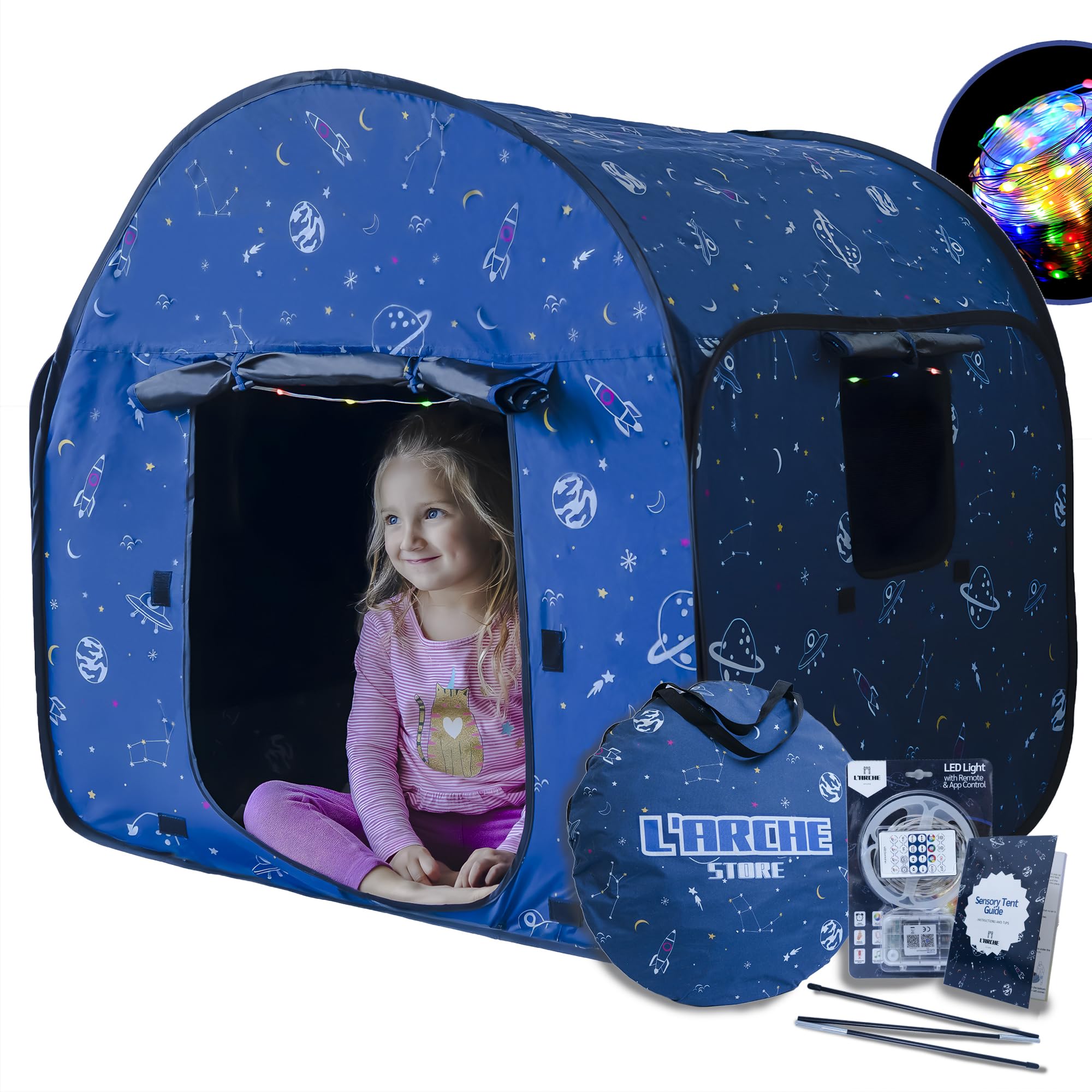 Sensory Tent for Kids with LED Lights & Remote – Blackout Pop-Up Calm Down for Autism, ADHD & SPD – Indoor Sensory Room & Play Tent – Foldable & Portable – L’Arche (Space Theme, Regular 35.4 in)