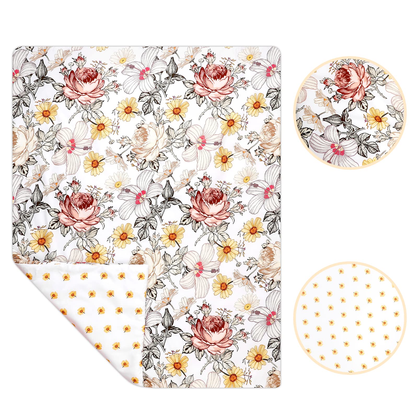 HNHUAMING 4-Piece Crib Bedding Set for Girls, Boho Baby Girl Bedding Set with Crib Skirt, Baby Quilt, Crib Sheet and Diaper Stacker, Flower