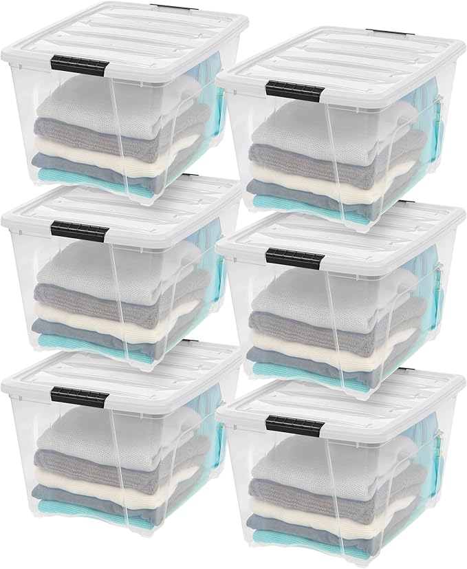 51 L Stackable Plastic Storage Bins with Lids, 6 Pack - BPA-Free