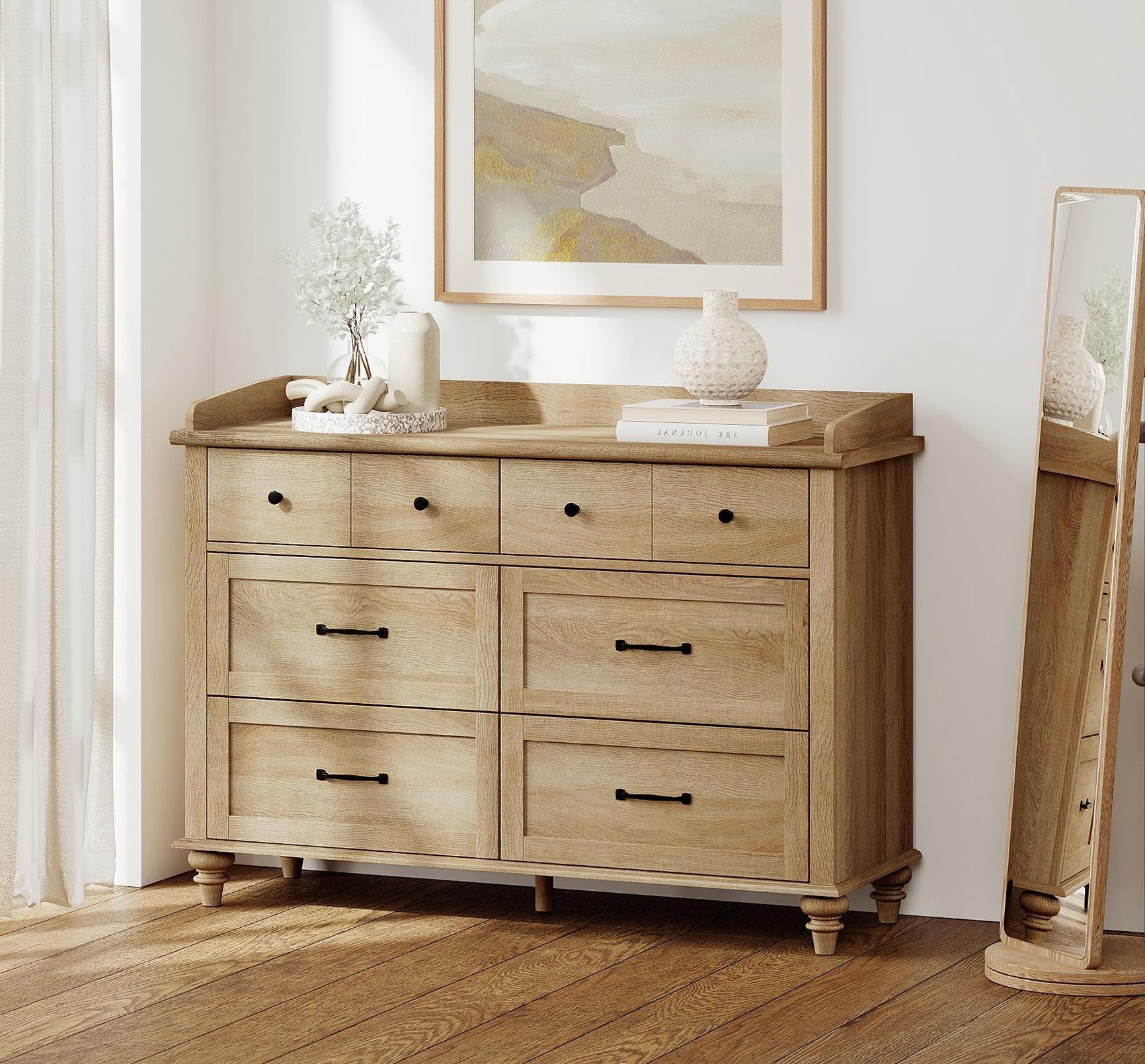 Oak Dresser for Bedroom with 6 Drawers, Baby Dresser