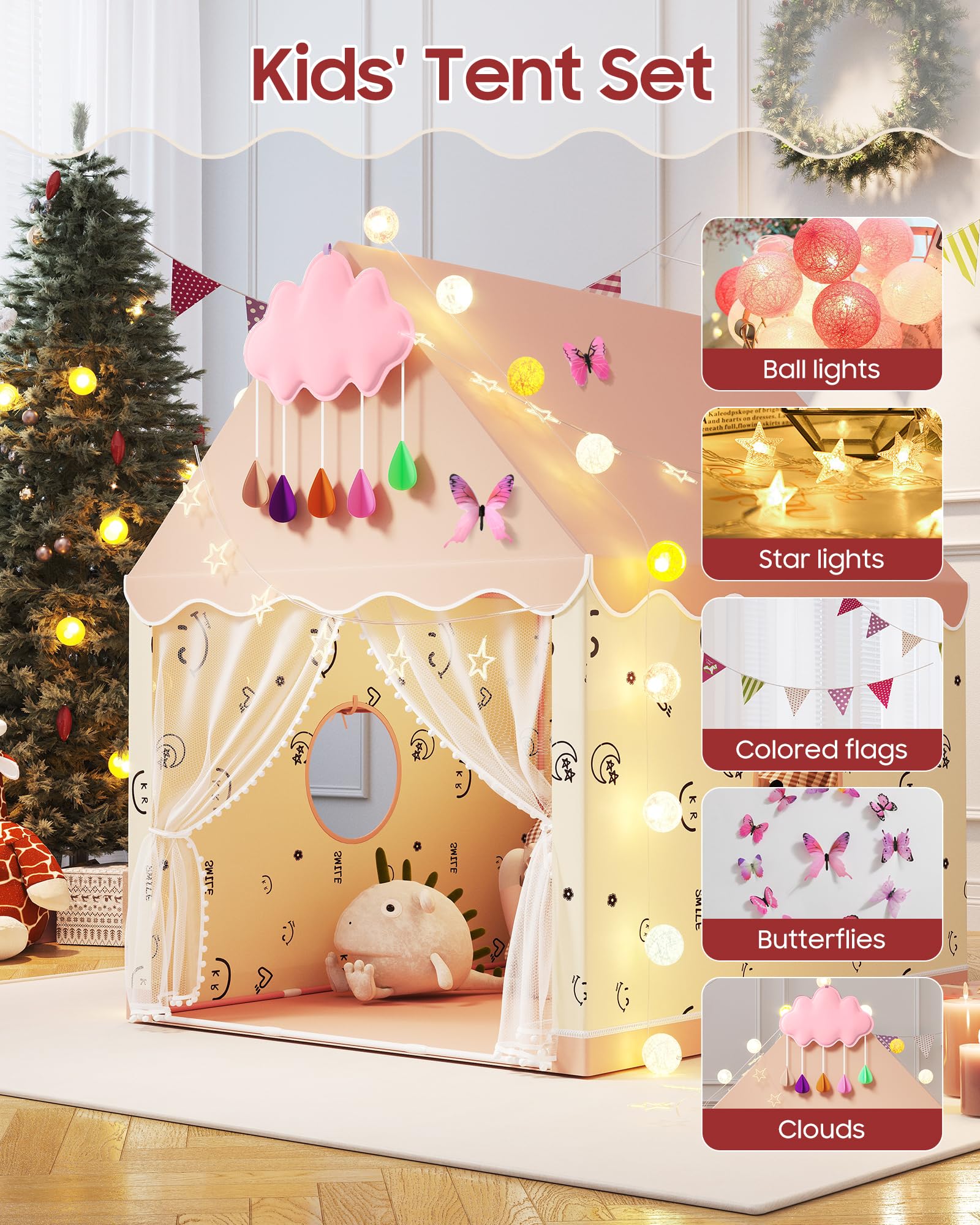 Kids Play Tent, Princess Tent Indoor Playhouse Set with Star Lights, Ball Lights, Colorful Flags, Butterflies, Clouds - Pink Tents for Kids Toddle Castle for Girls Toy House Gift