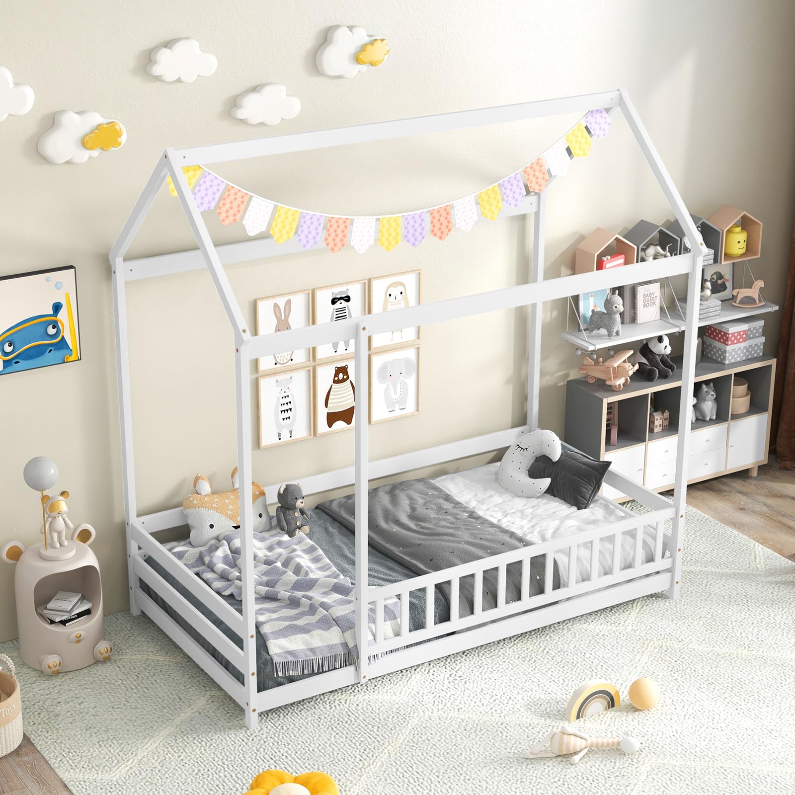 Twin Size Floor House Bed, Wooden Montessori Bed