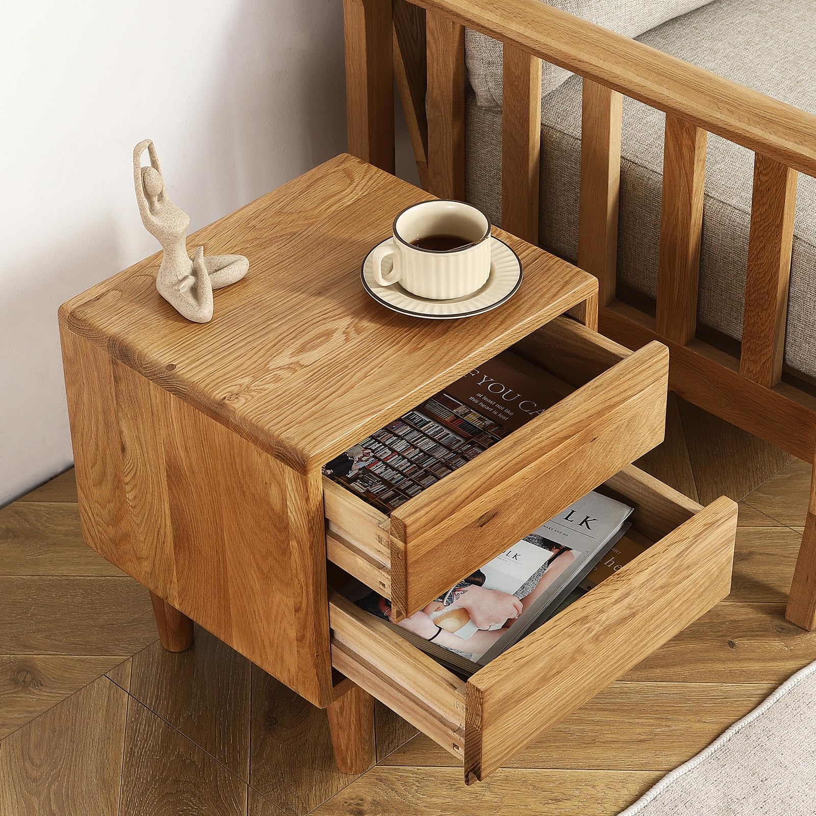 Solid Oak Wood Nightstand with 2 Drawers - Natural Bedside Table