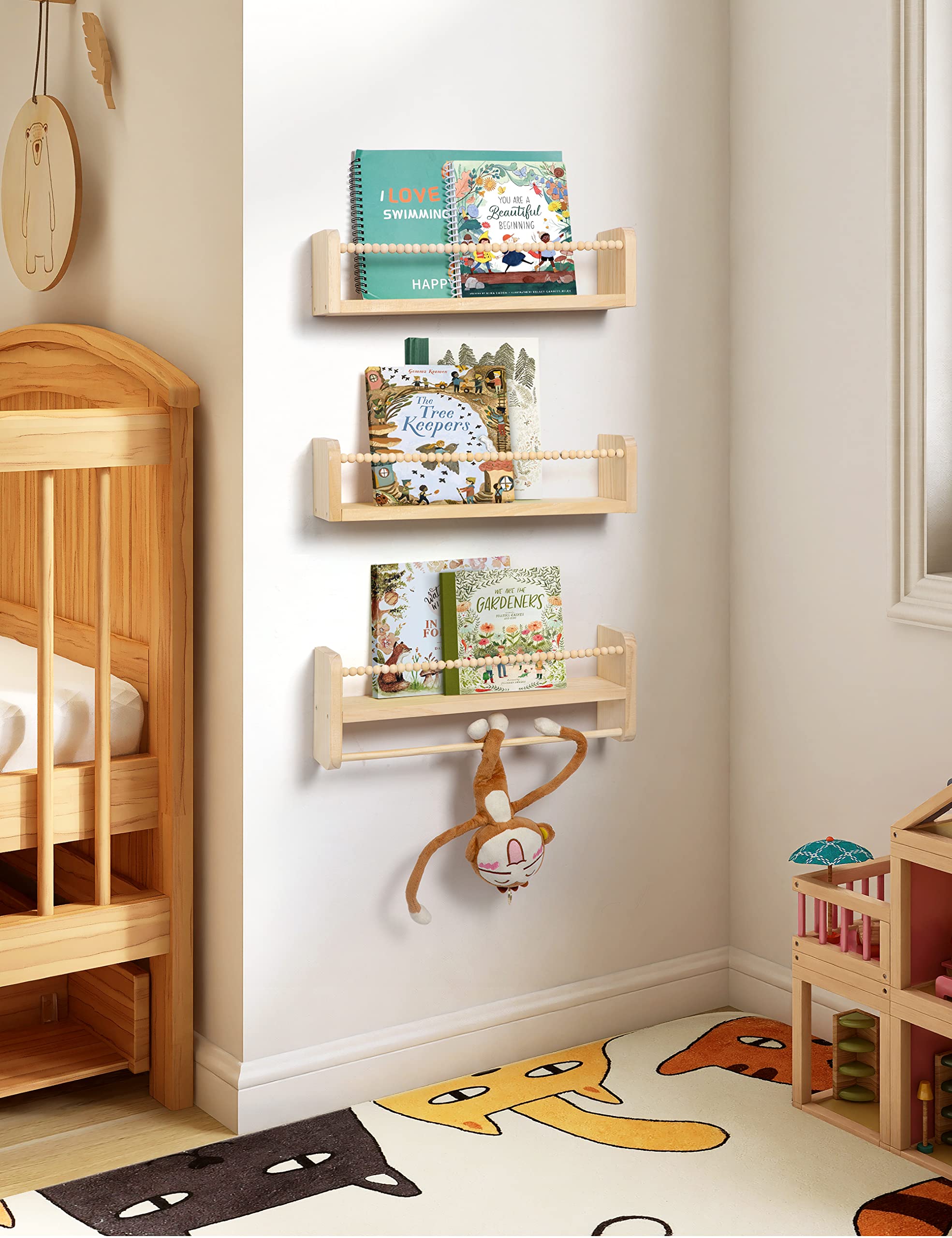 Nursery Floating Shelves for Wall, Set of 3 Book Shelves Natural