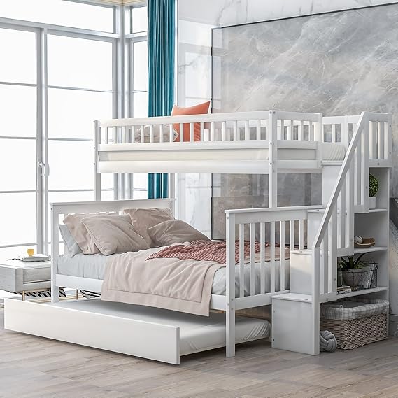 Twin Over Full Bunk Bed with Trundle and Staircase, Bedroom/Guest Room Furniture, Space-Saving Design,White