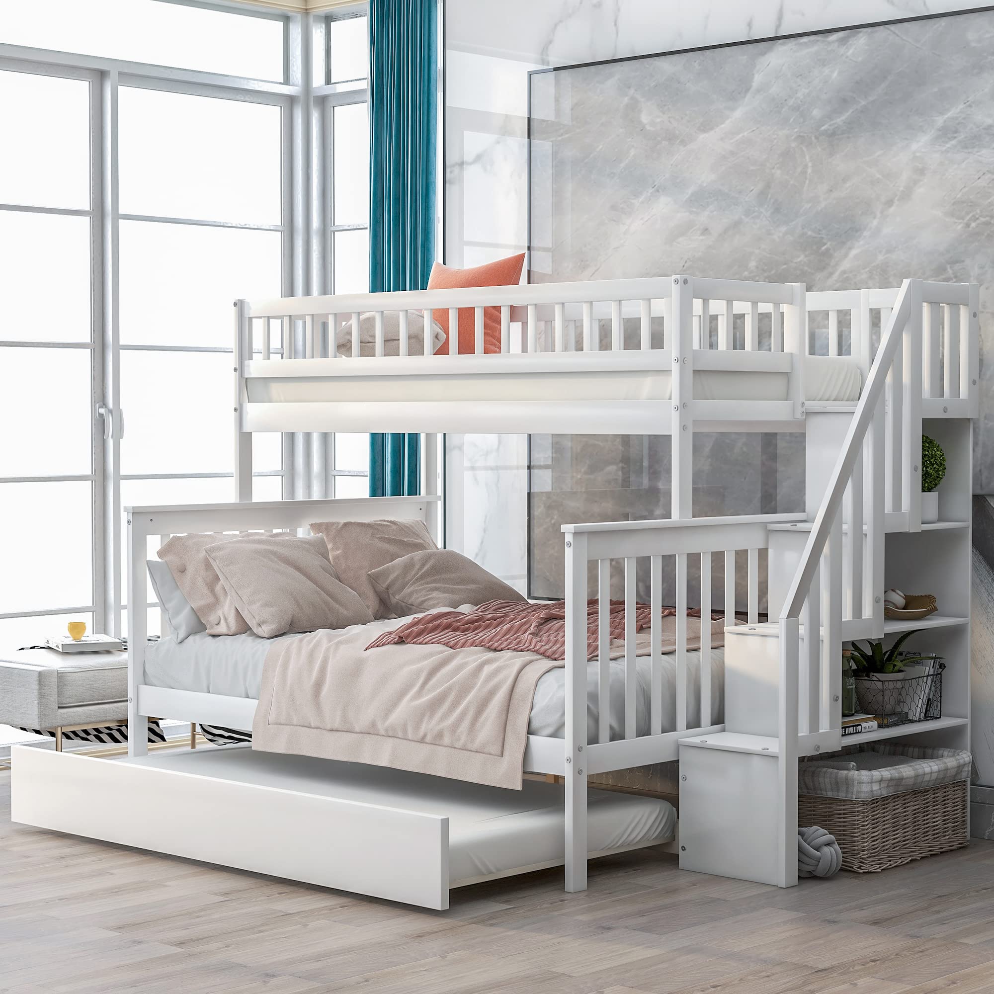 Twin Over Full Bunk Bed with Trundle and Staircase, Bedroom/Guest Room Furniture, Space-Saving Design,White